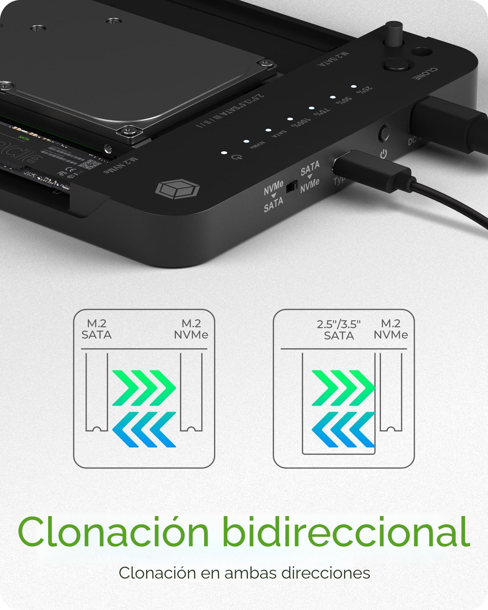 Icy Box HDD/M.2 NVMe SSD Docking Station USB 3.2 Gen 2 (10 Gbps), estación de clonación y Lector de Discos Duros (SATA 2,5/3,5 Pulgadas y M.2 NVMe/SATA SSD), clonación bidireccional, USB-C y USB-A,
