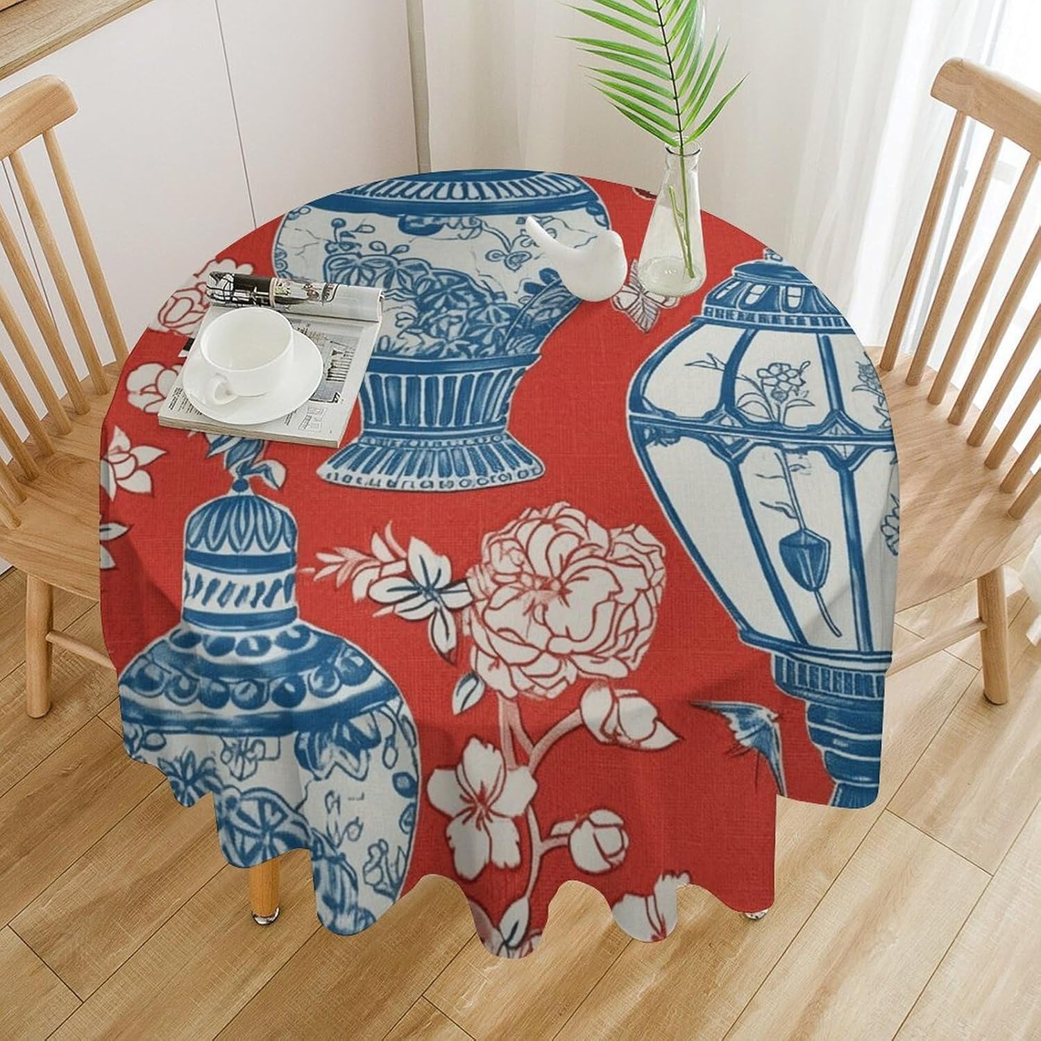Blue Ginger Jar Chinoiserie Inspired Asian Inspired Bright Decor Round Tablecloth 70in Table Cloth Round Table Cover for Kitchen Dining Room Buffet Banquet Holiday Party Waterproof Table Decor