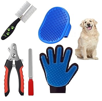 PSK PET MART (Combo of 4) Imported Pet Gloves + Nail Clipper + Hair Comb + Bath Gloves Grooming Kit for All Pets Dog, Cat, Rabbit, Hamster