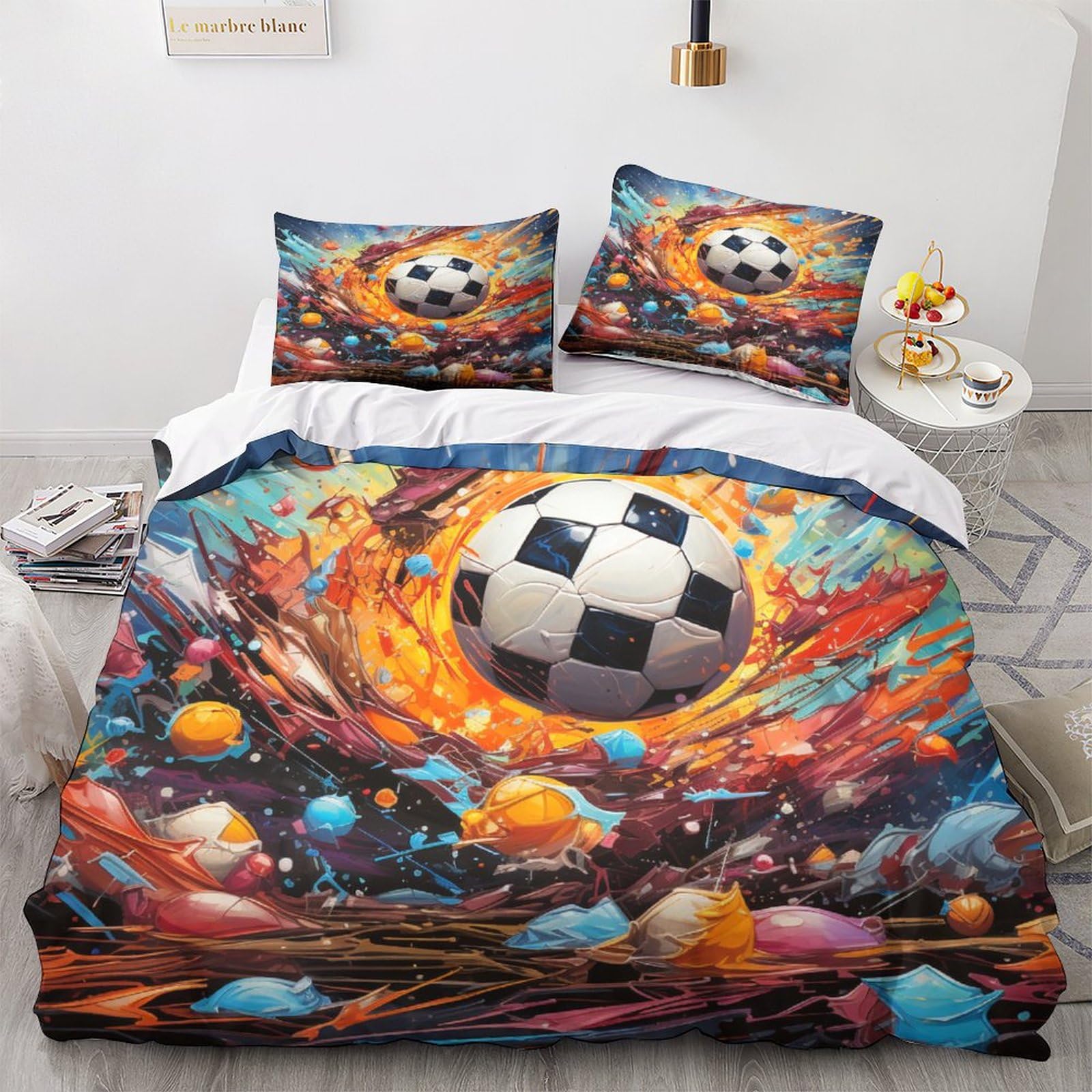Parure de lit football 3D King 220x240 cm avec housse de couette et taies d'oreiller