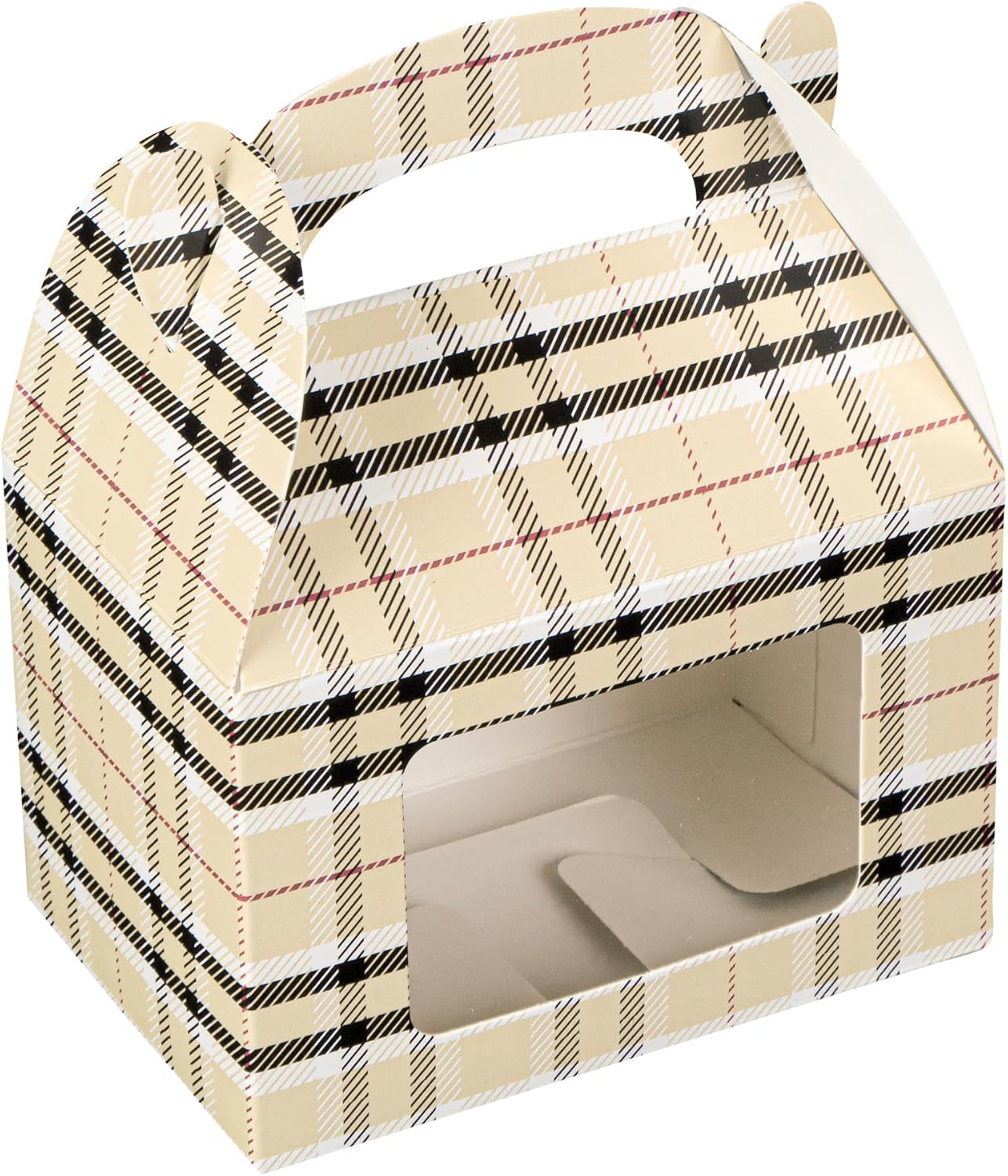 Bio Tek 4 x 2.5 x 2.5 Inch Gable Boxes For Party Favor, 100 Attractive Gift Boxes - Built-In Handle, Plaid Pattern, Paper Barn Boxes, Disposable, For Parties