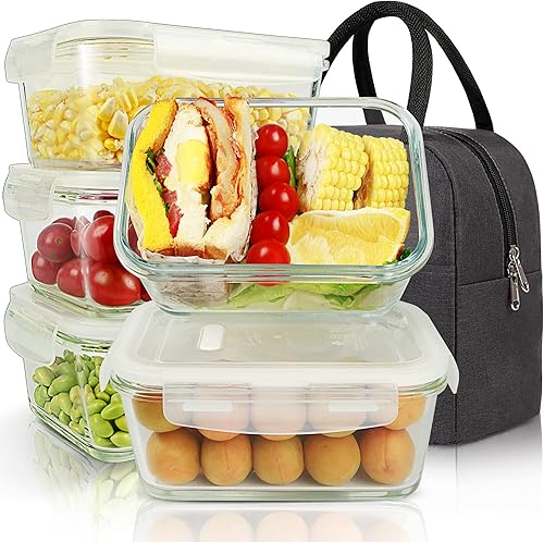 Paquete de 5 recipientes de vidrio para preparación de comidas de 36.8 onzas con tapas, recipiente de vidrio para preparación de alimentos con