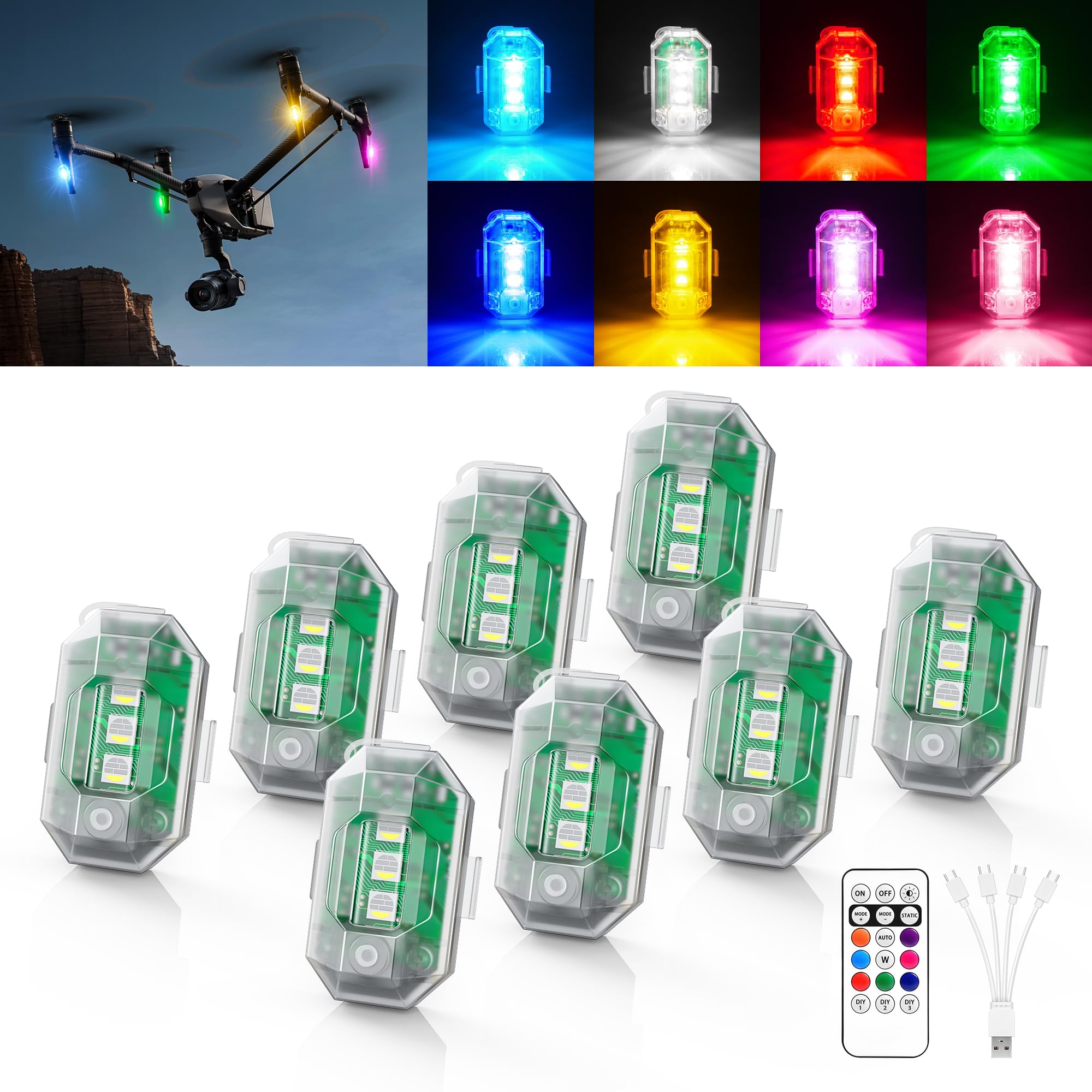 Wireless RGB LED Aircraft Strobe Lights with Remote Control, 8 Colors 10 Flash Modes DIY Mode Anti-Collision Lights Waterproof Emergency Warning Light for Large Drone Car Motorcycle Bike 8Pcs
