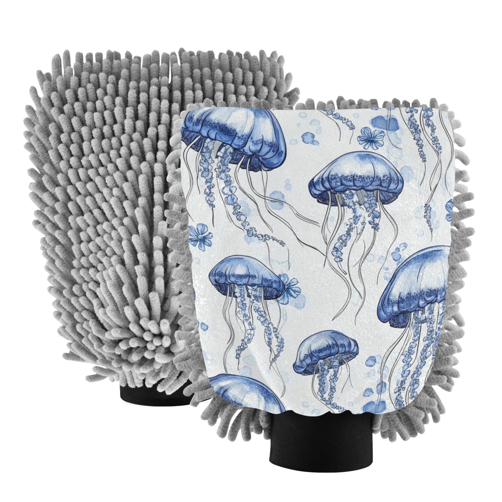 Cute Jellyfish White Wash Mitt Microfiber 11.8'' Gloves for Cars Washing Non Scratch Detailing Clean Rag for Auto Supplies