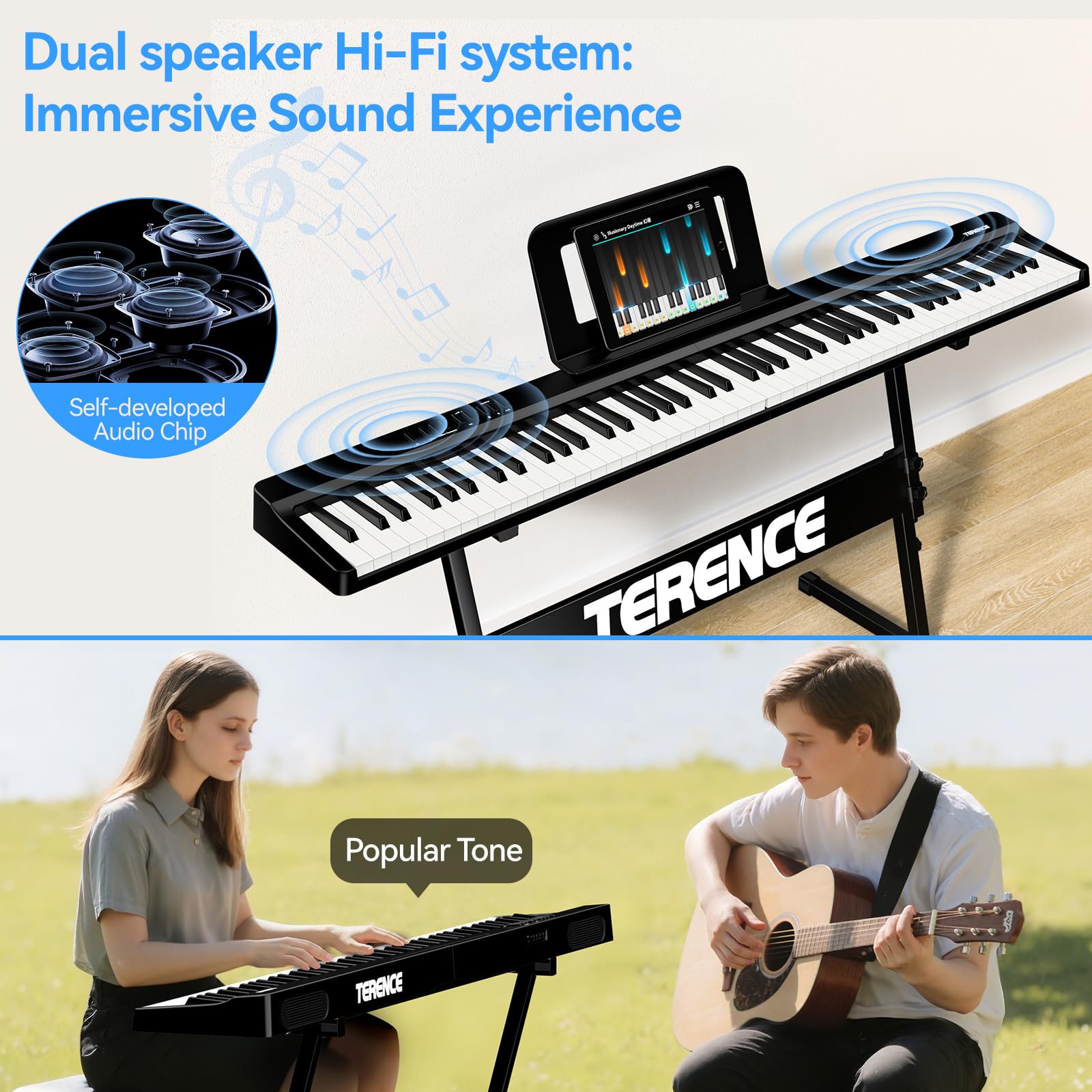 Piano Numérique Portable 88 Touches Pianos avec Z Support TERENCE Clavier de Piano Semi-lesté 88 Touches pour Débutants et Experts, Fonction d'enregistrement audio intégrée Interface Bluetooth MIDI