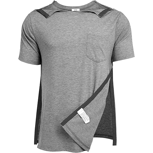 Deyeek Men's Post Shoulder Surgery Shirts Recovery Tear Away Short Sleeve Full Open Side Snap Adaptive Chemo Clothing