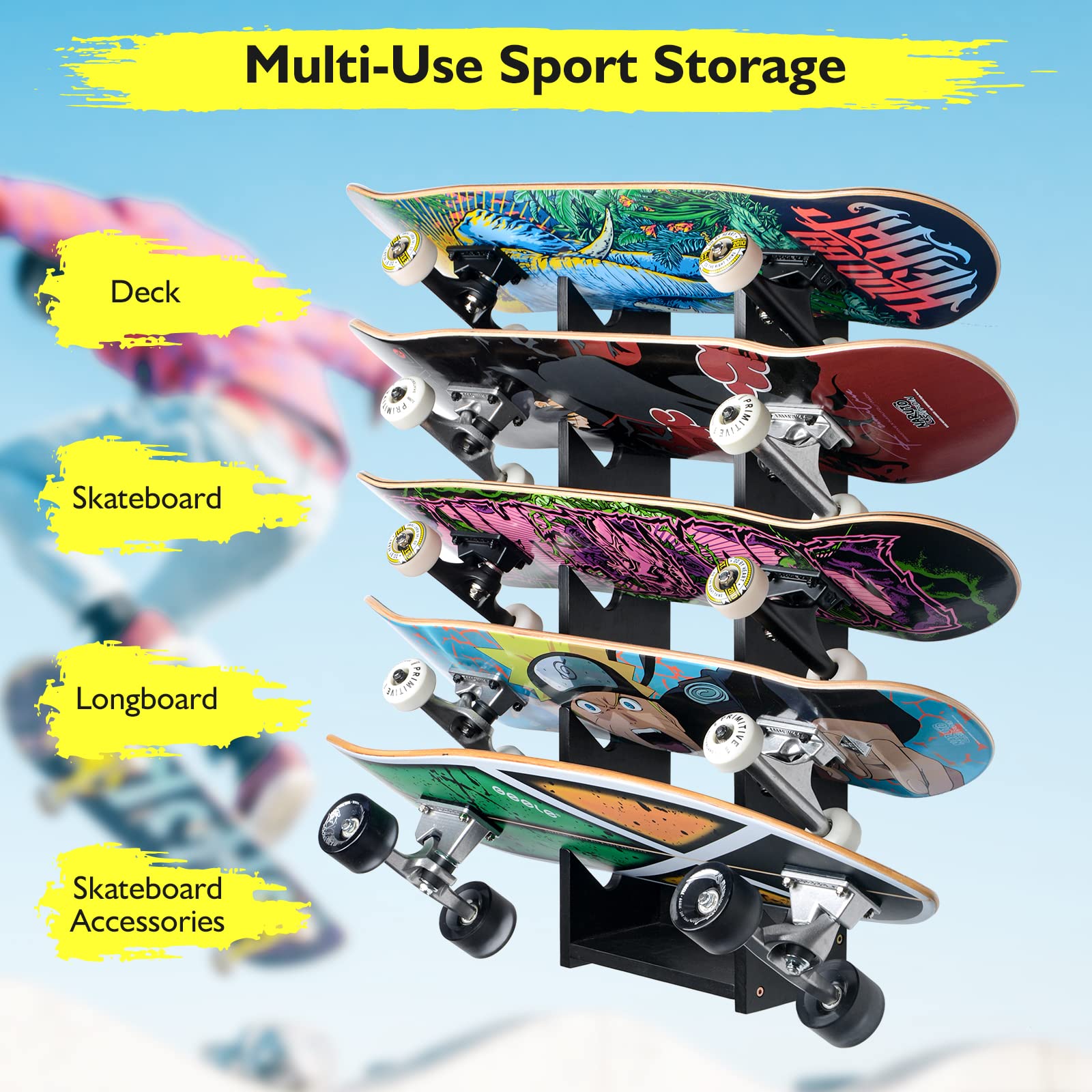 Support Mural Skate En Bambou - Design Moderne, Robuste, Pour Skateboard, Longboard, Snowboard