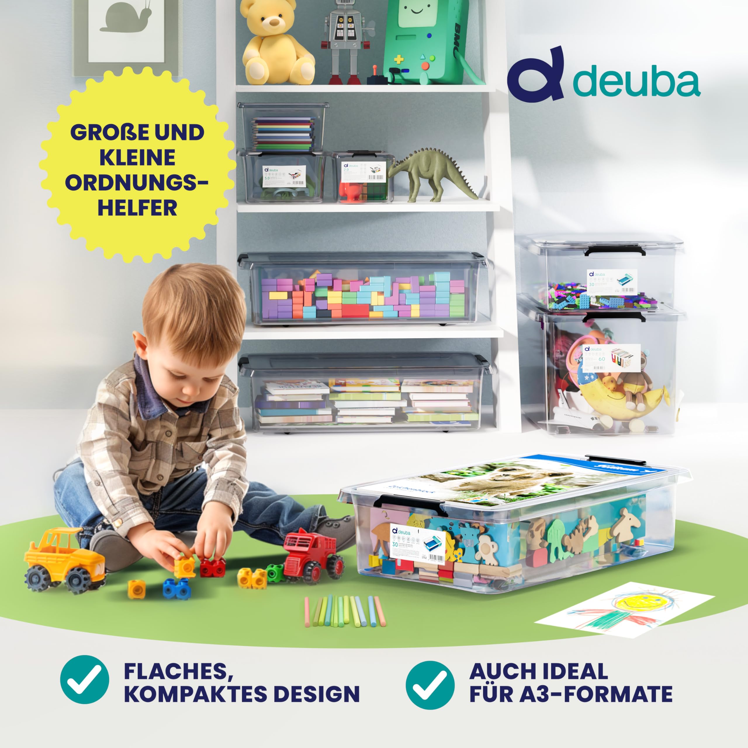 Deuba® Aufbewahrungsboxen 4 x 30l mit Deckel und Rollen, stapelbar, transparent Kunststoff BPA-frei Klickverschluss, RB60 für Büro, Garage, Waschraum