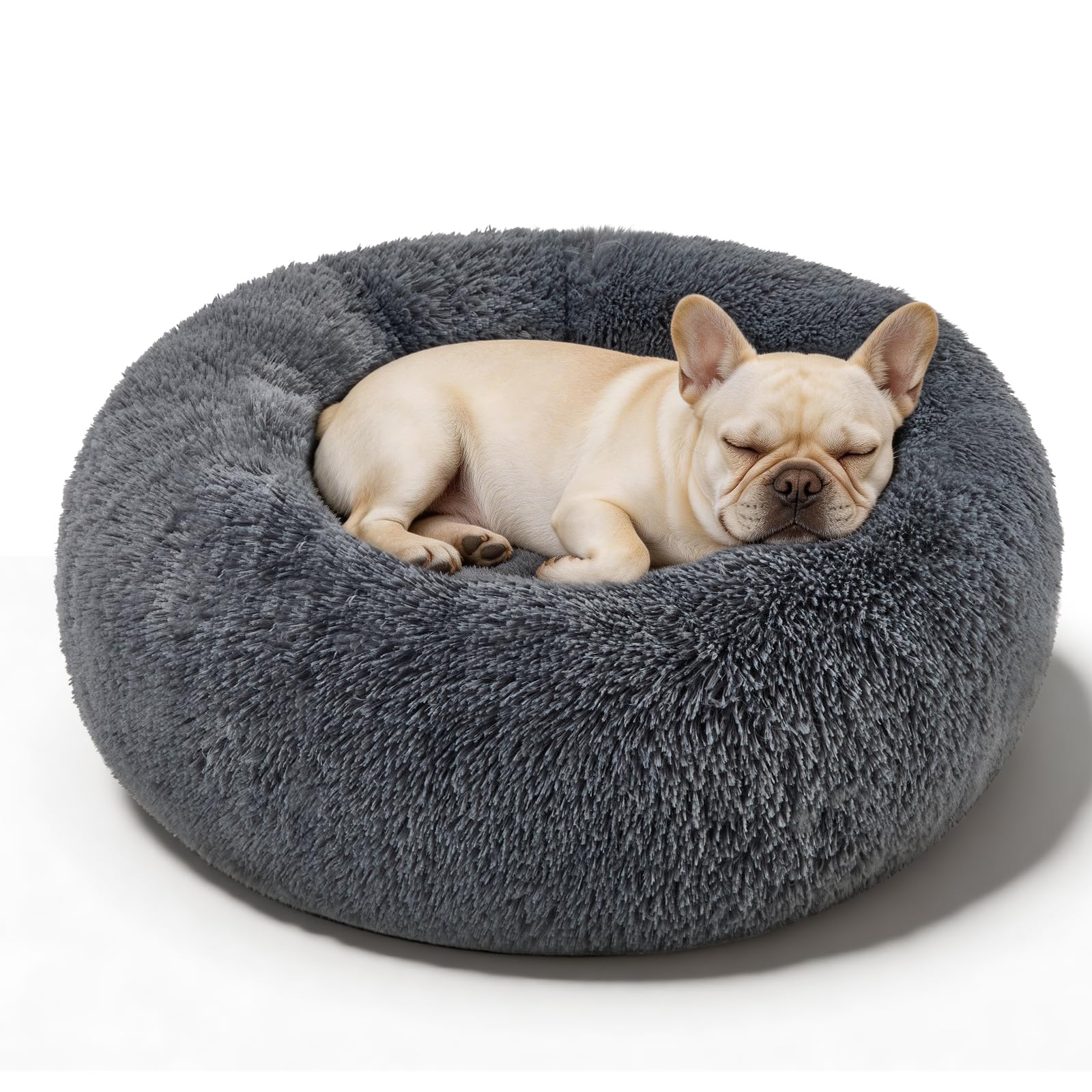 kimpets Dog Bed Calming Dog Beds for Small Medium Dogs - Round Donut Washable Dog Bed, Anti-Slip Faux Fur Fluffy Donut Cuddler Anxiety Cat Bed(20")