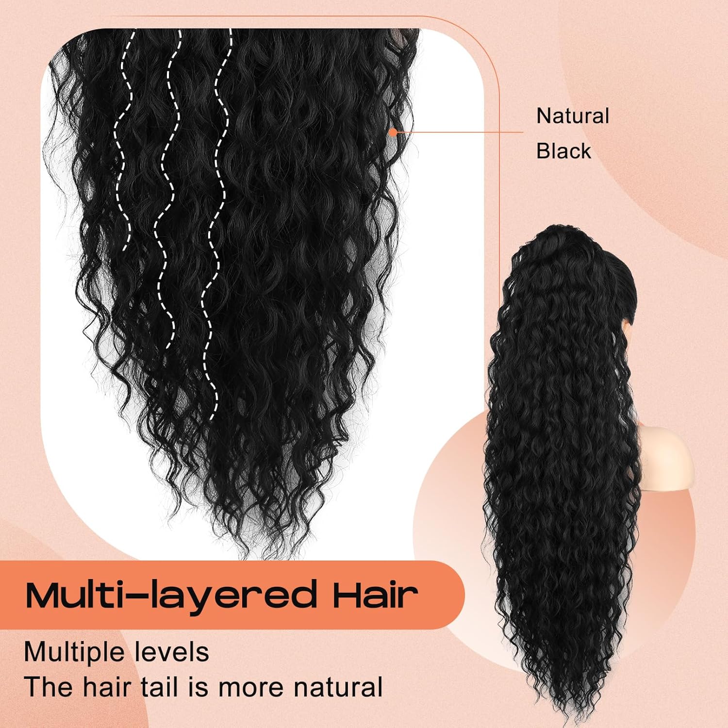 SEIKEA Black Ponytail Extension, 36" Long Lightweight Full Natural Curly Drawstring Ponytail Fake Pony Tail Multi Layered Soft Clip in Hair Extensions Ponytail Synthetic Hairpiece for Women
