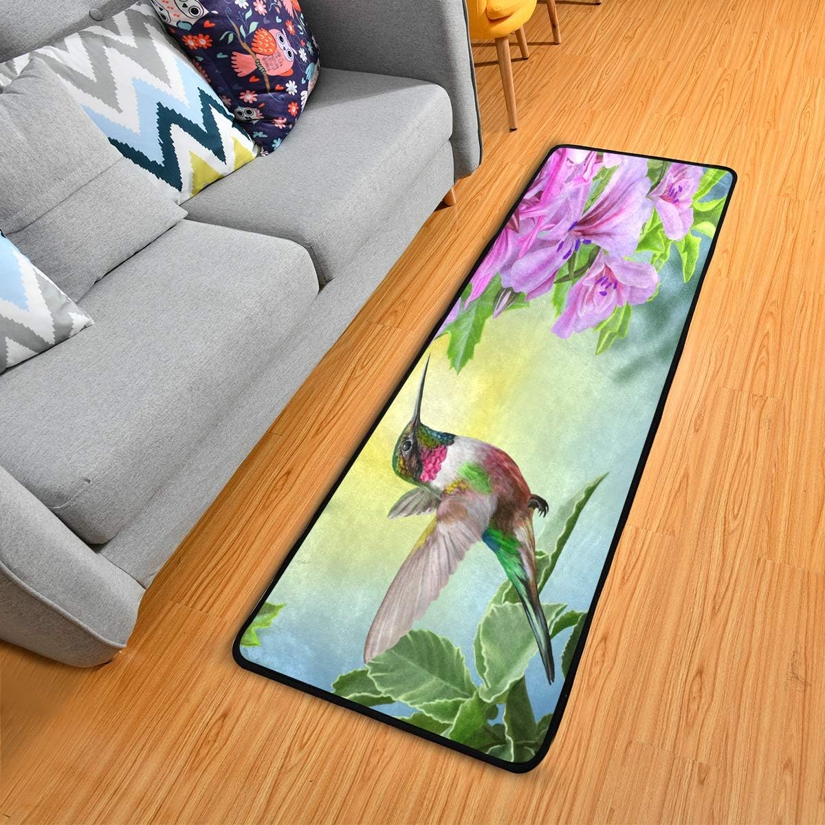 Hummingbird Pink Flowers Kitchen Rugs Non-Slip Soft Doormats Bath Carpet Floor Runner Area Rugs for Home Dining Living Room Bedroom 72" X 24"