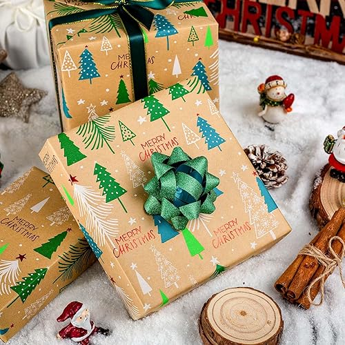 Miniatura 94 de Yarcony Papel kraft de regalo de Navidad, papel de regalo negro, árboles de Navidad de lujo, renos, copos de nieve, papel de estraza resistente