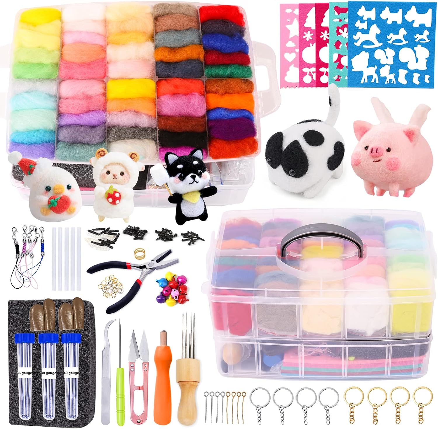 QMNNMA 241 Pcs Needle Felting Kit - Complete Needle Felting Tools and Supplies with Felt Wool 50 Colors, Felt Molds, High Density Foam Pad Storage Box for DIY Craft Animal Home Decoration