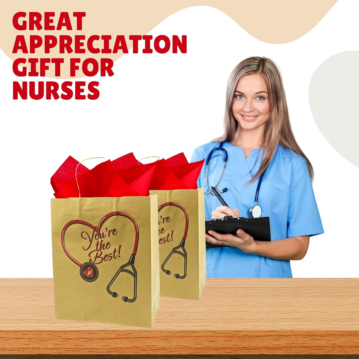 4E's Novelty Nurse Gift Bags (24 Pack) Large 12" Kraft Paper Bag Bulk - National Nurse Appreciation Day. For Doctors Healthcare Hospital Worker Party Favors Goody Bag