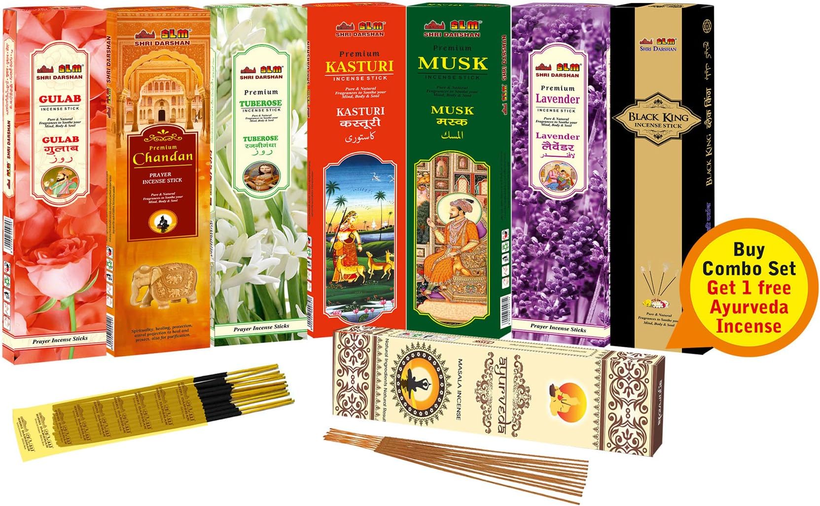 SLM Premium Floral Range of Flowers Rose, Chandan, Tuberose, Kasturi, Musk, Lavender Black King +1 More AYUERVEDA Masala Incense Total 8 Boxes