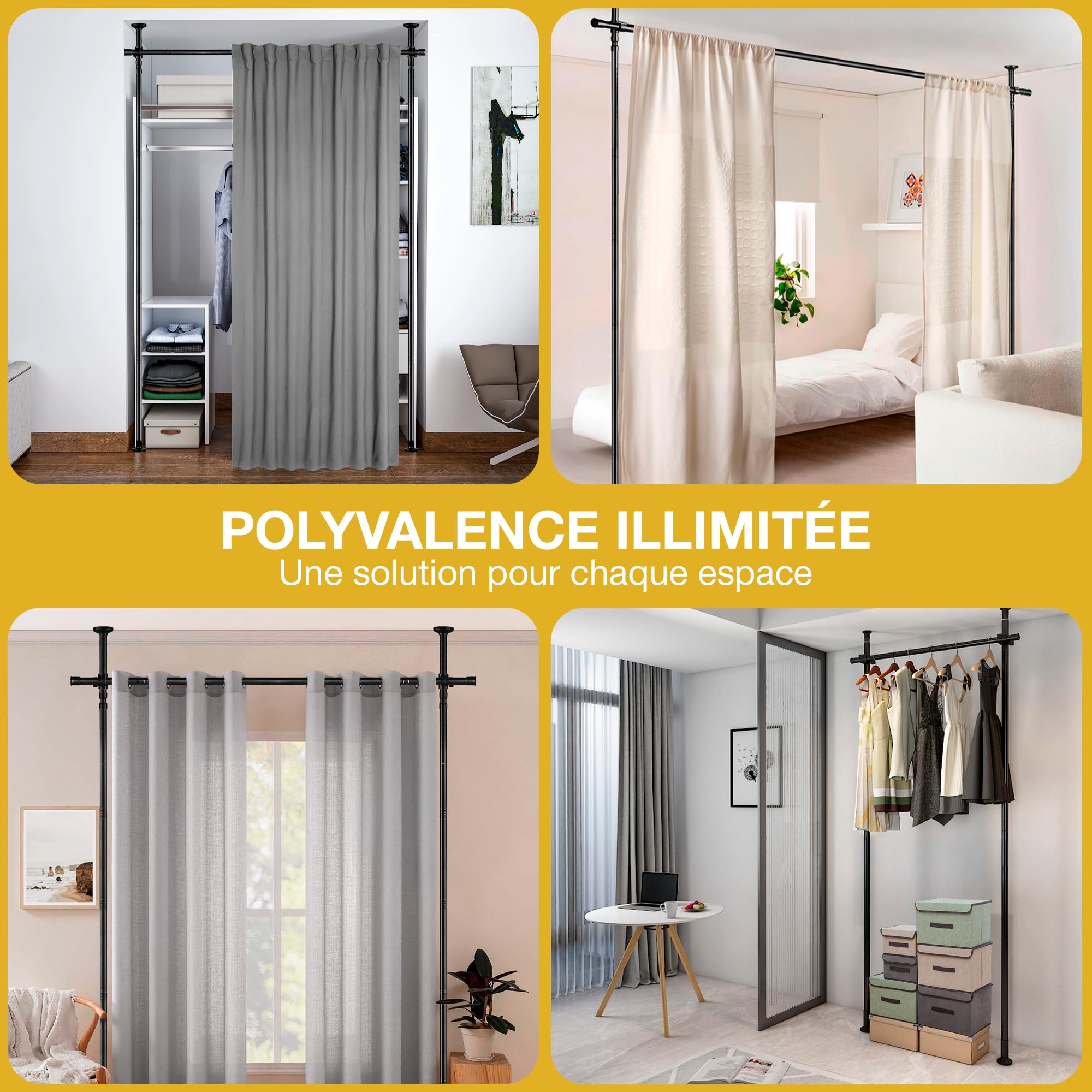 Tringle Rideau sans Percage 120-300 cm (H) × 70-245 cm (L) – Paravent Intérieur Amovible & Séparateur de Pièces – Élégant, Robuste & Sans Outils-