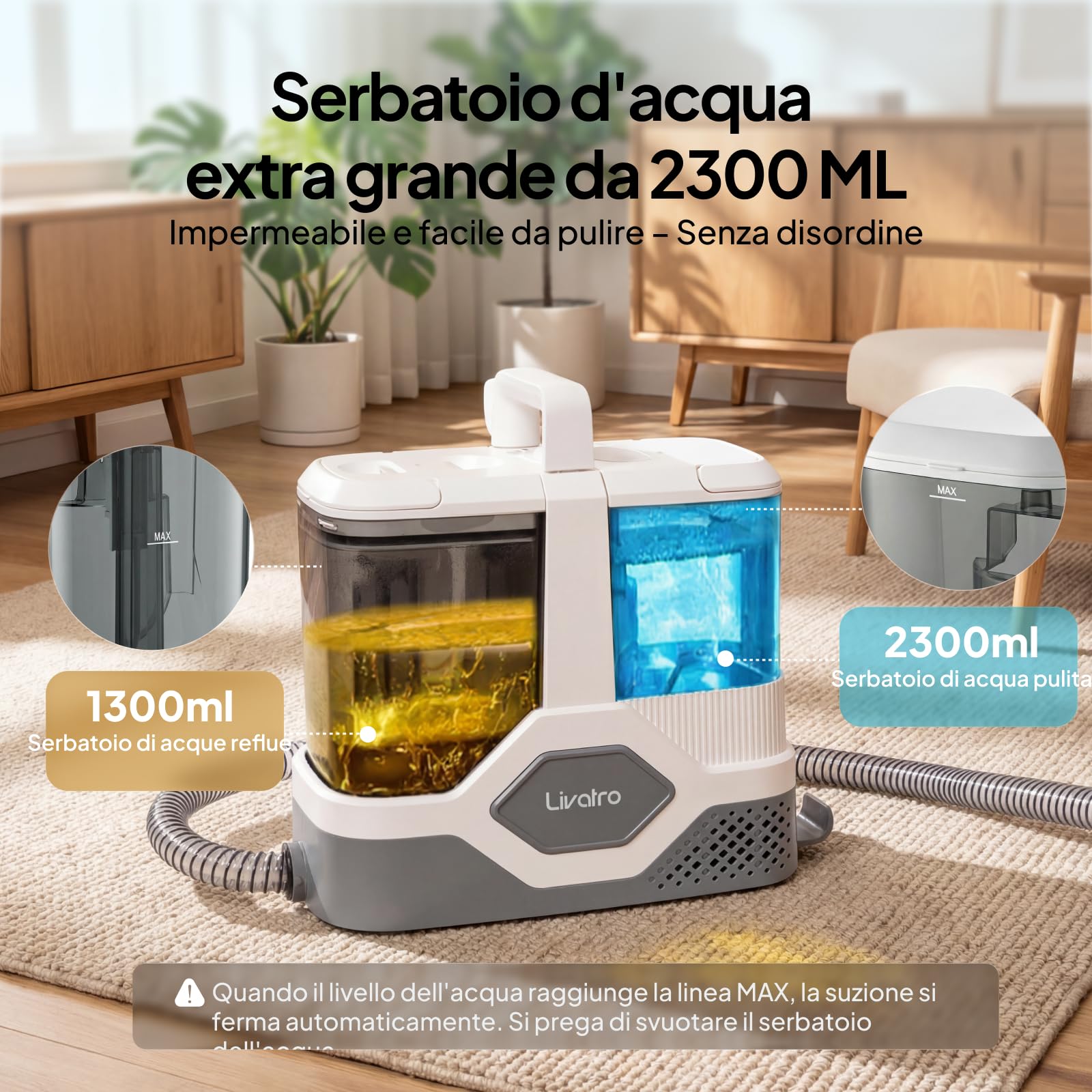 Livatro Lavatappeti e Divani Lava e Asciuga, 600W 16KPa Lavatappeti, Serbatoio da 2,3L, Lava Divano con Sistema di Autopulizia, Aspirapolvere Tessuti per Divano, Tappeti, Moquette, Tappezzeria e Auto