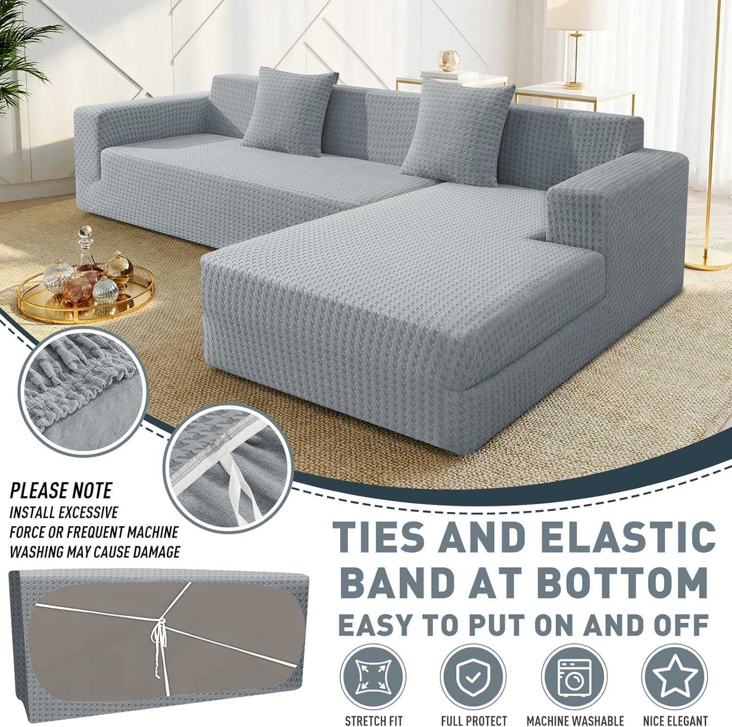 ZNSAYOTX Stretch Sectional Couch Covers New-Houndstooth Texture, Thick Slipcovers with Elastic Bottom for L Shape Sectional Sofa, 2 Pcs Pet Friendly Universal Protector (Sofa or Chaise), Light Grey