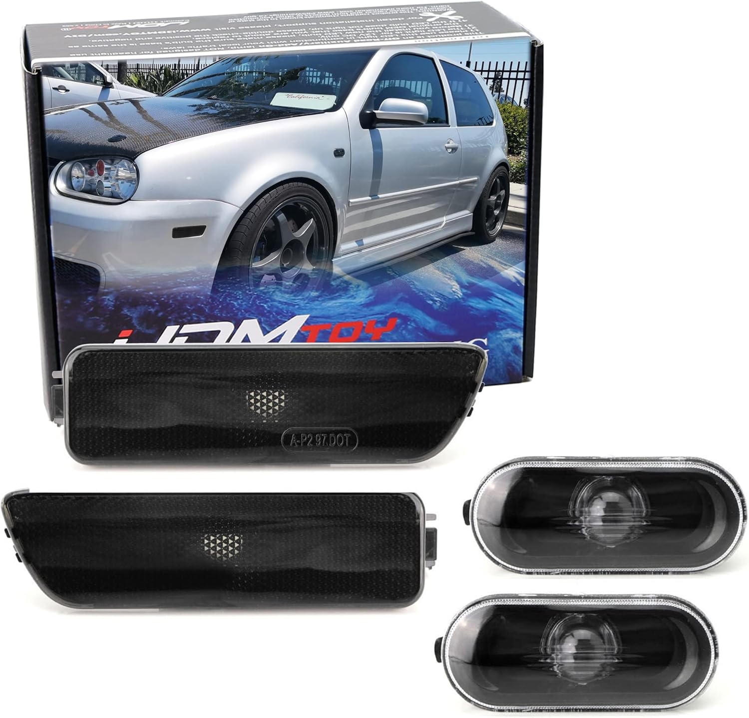 iJDMTOY Euro Smoked Lens Bumper & Fender Side Marker, Repeater Light Housing Combo Compatible With Volkswagen: 1999-2005 MK4 Golf GTI R32 Rabbit Jetta, Replace OEM Sidemarker Lamps