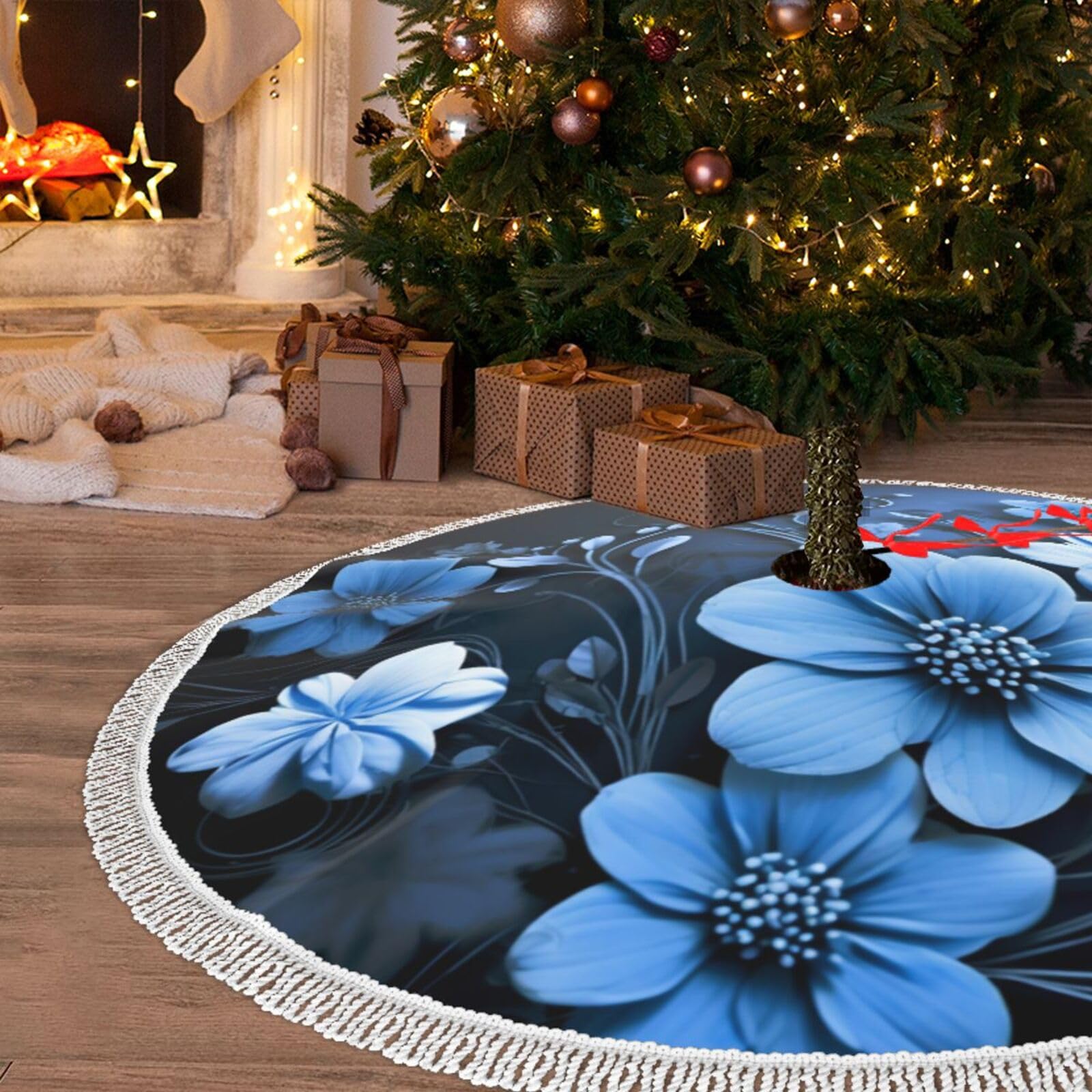 Jupe de sapin en peluche motif fleurs bleues de 122 cm pour un Noël luxueux