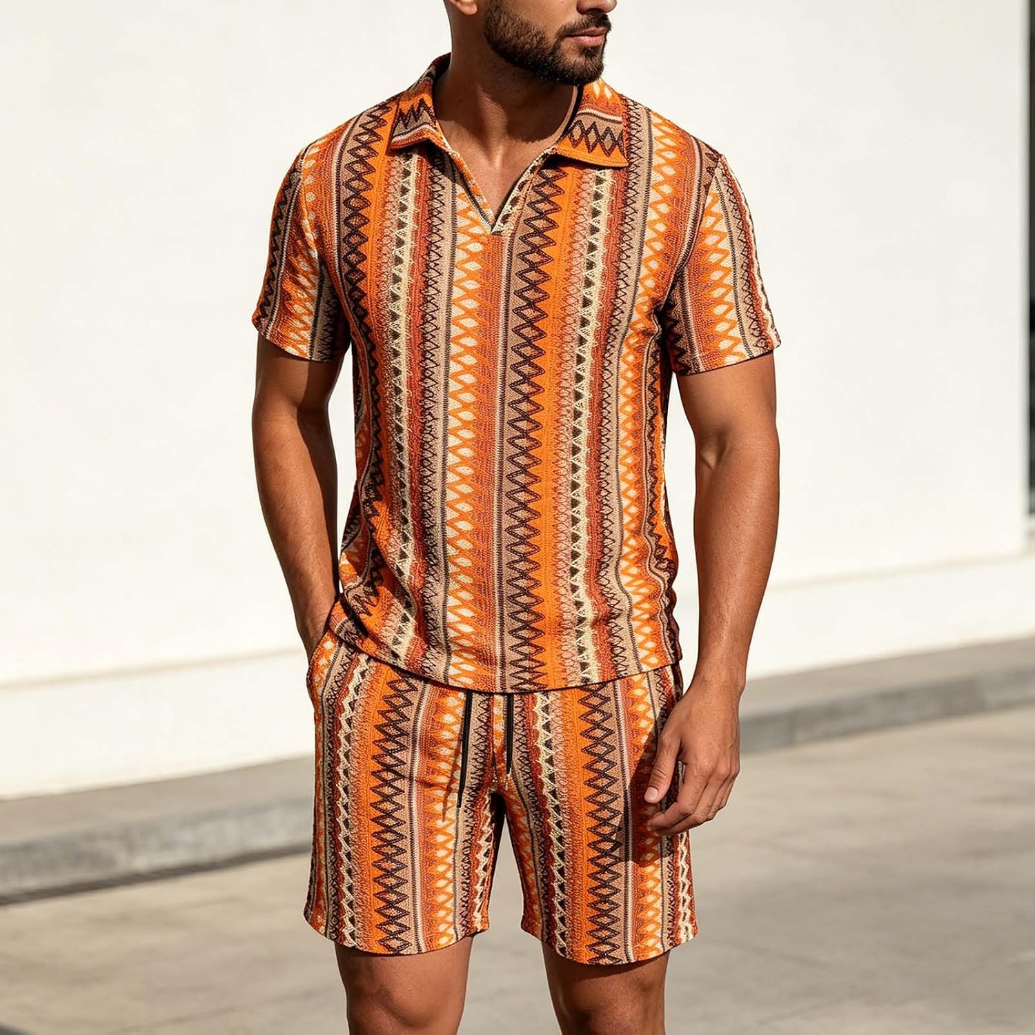 Cambkatl Men's Boho Beach Matching Sets, Short Sleeve Pullover Lapel Shirts and Shorts Vacation Summer 2 Piece Outfits
