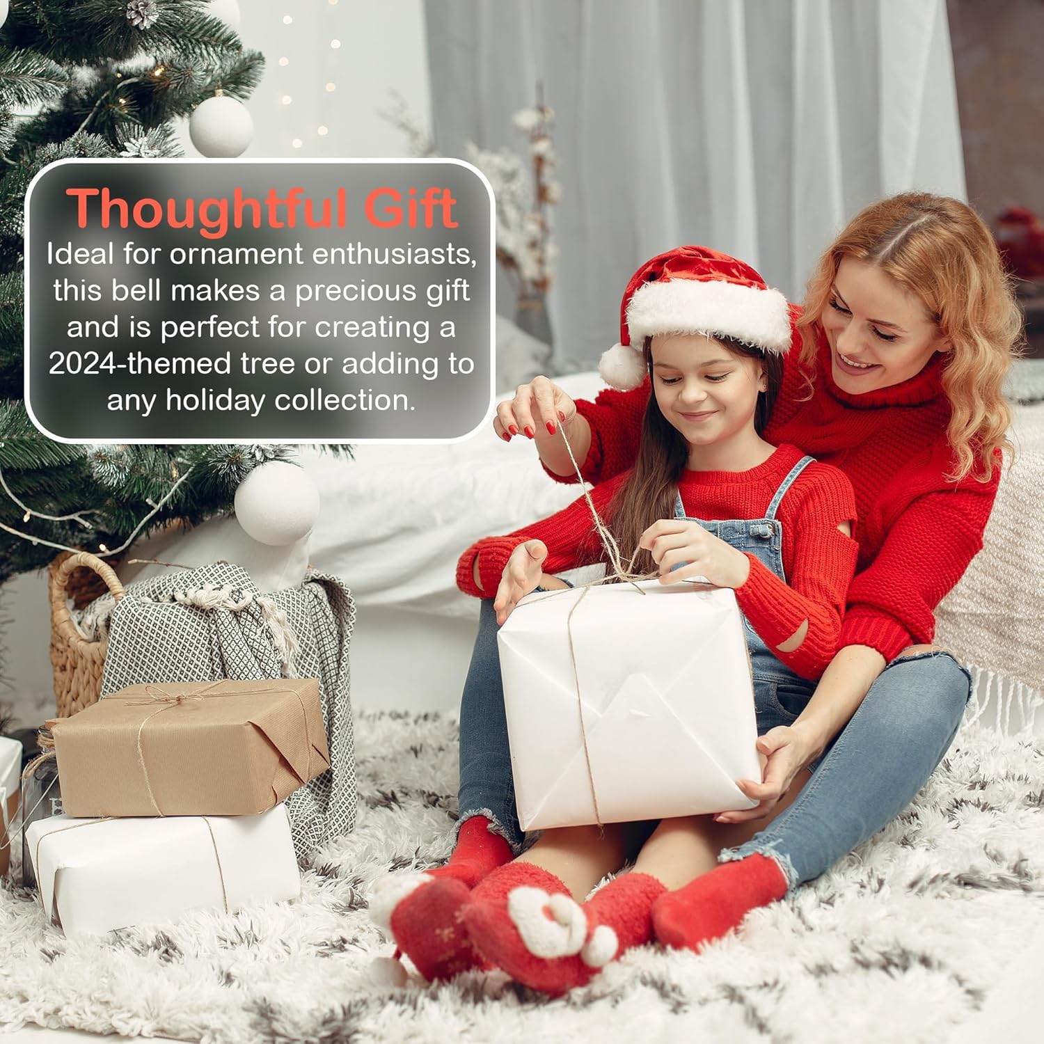 2024 Christmas Ornament - Elegant Silver Christmas Bell Ornament 2024 with Red Ribbon. Jingle Bell 2024