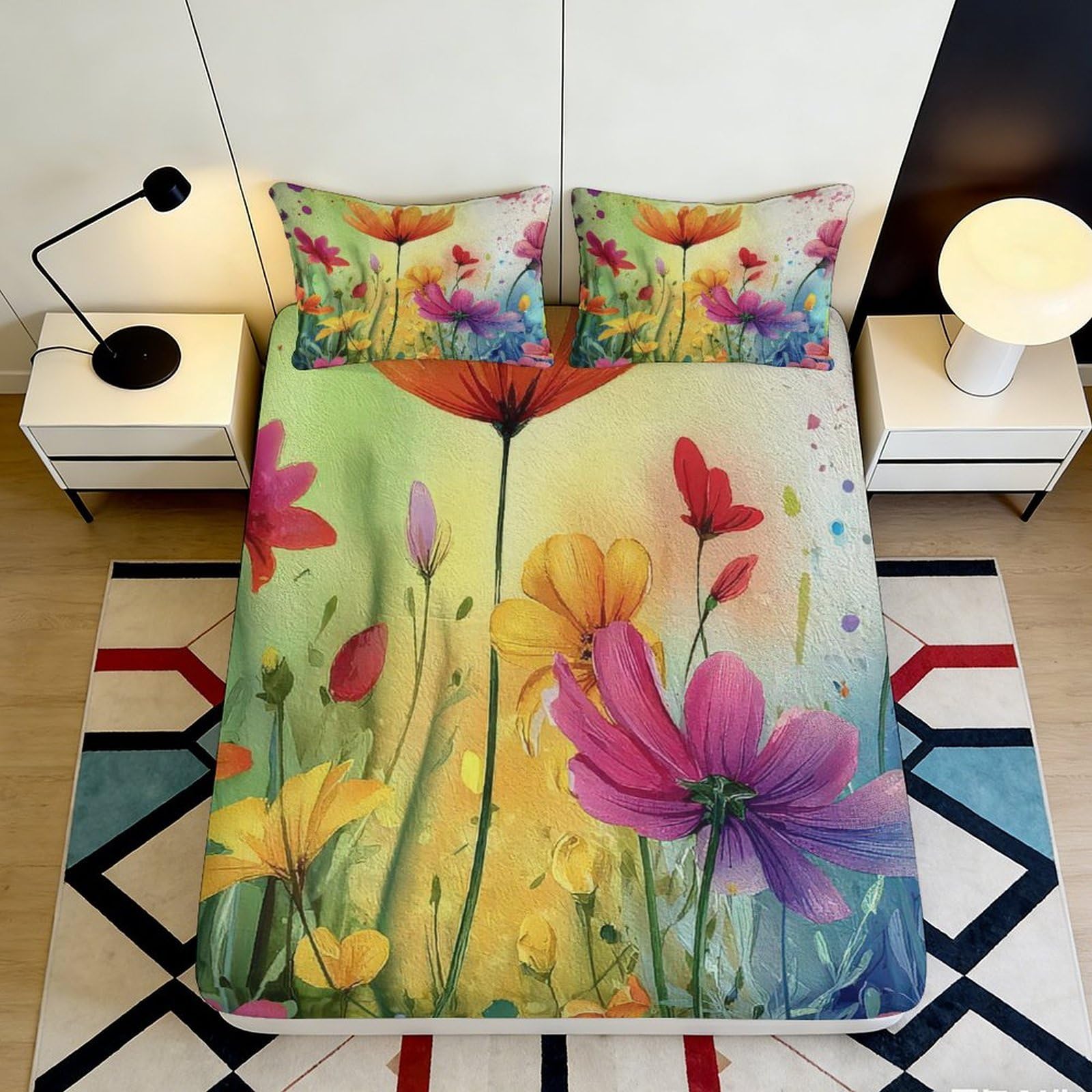 3D Printed Watercolor Wildflower Fitted Sheet Microfiber Soft Anti-Slip Mattress Cover for Bedroom Guest Room Decor 90x200x25cm