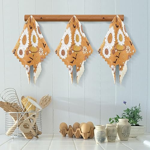 Miniatura 5 de Boho Retro Halloween Bats Floral Orange 6 Pack Absorbent Kitchen Towels and Dishcloths Print Cotton Kitchen Accessories for Cooking for
