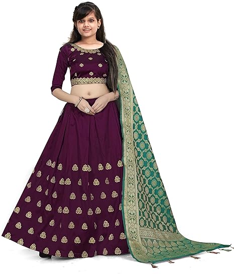 Ethnos Fashion Girls Faux Silk Semi-stitched Lehenga Choli and Jacquard Dupatta set Suitable to 9-13 Year girls