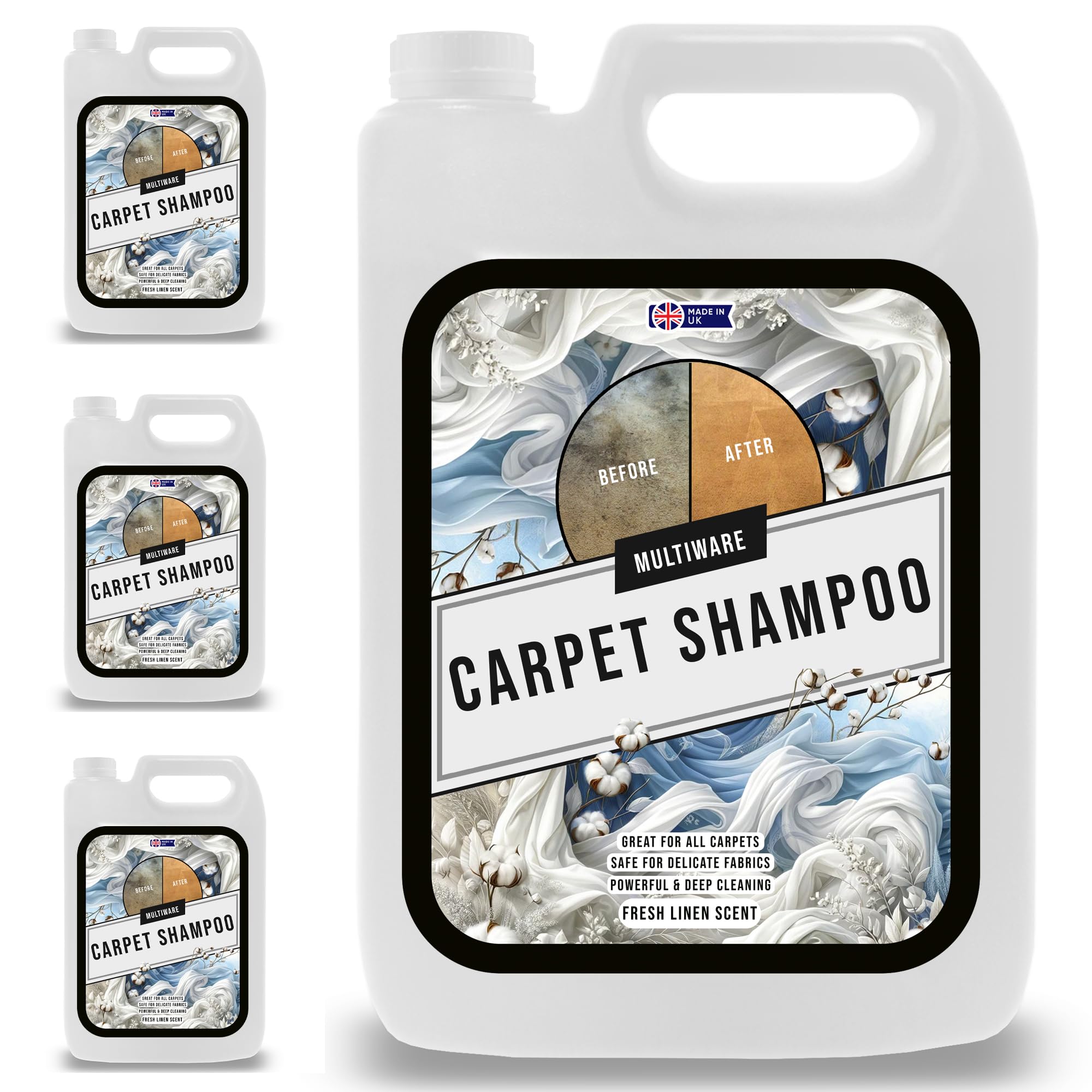 MultiWare Carpet Cleaner Shampoo Fresh Linen 5L | Carpet Shampoo for Machines | Carpet Cleaner Solution | Safe for ALL Machines | Pet Friendly Formula | Removes Pet Odours and All Stains | 4 Bottles