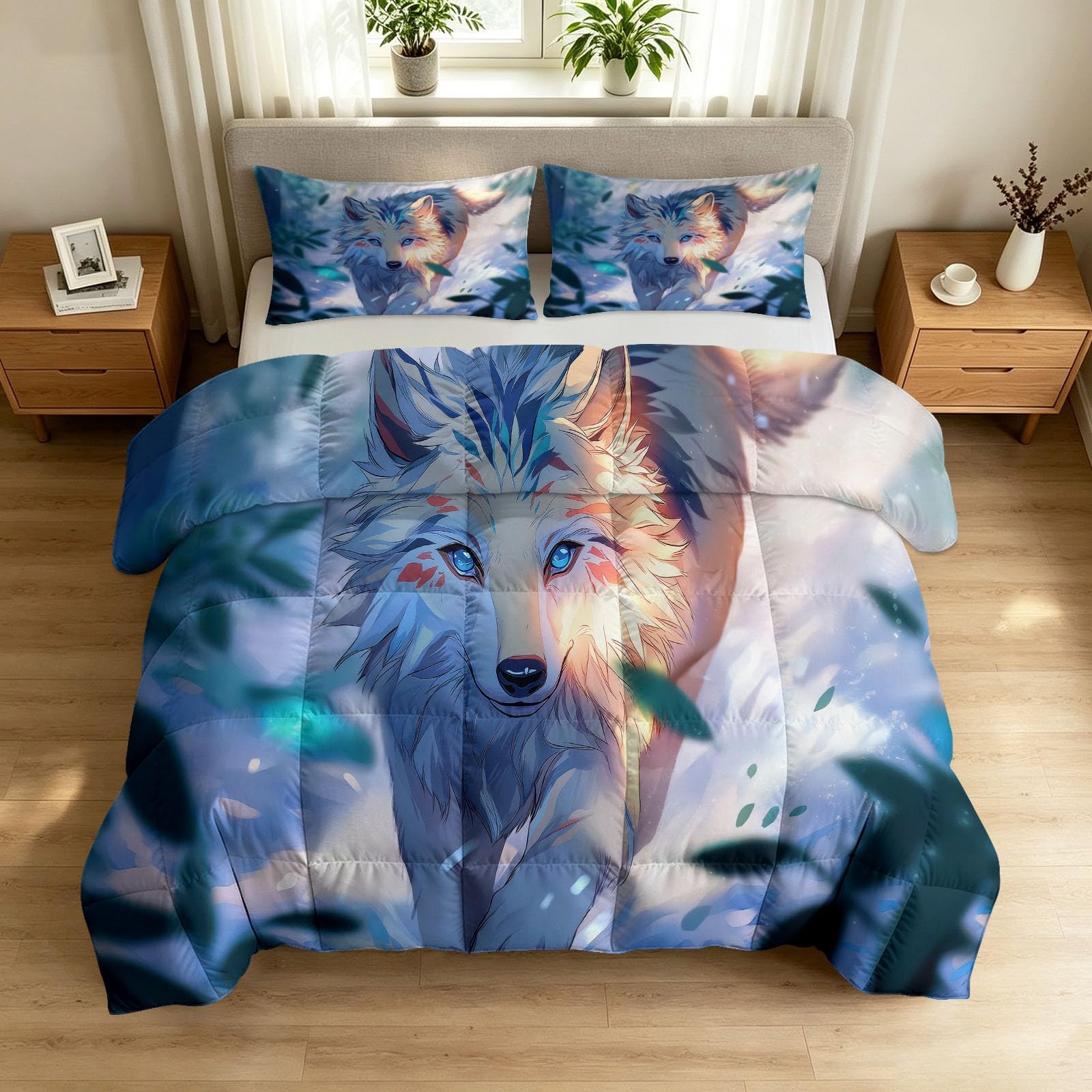 Edredón reversible lavable de 200 x 200 cm con estampado de lobo blanco