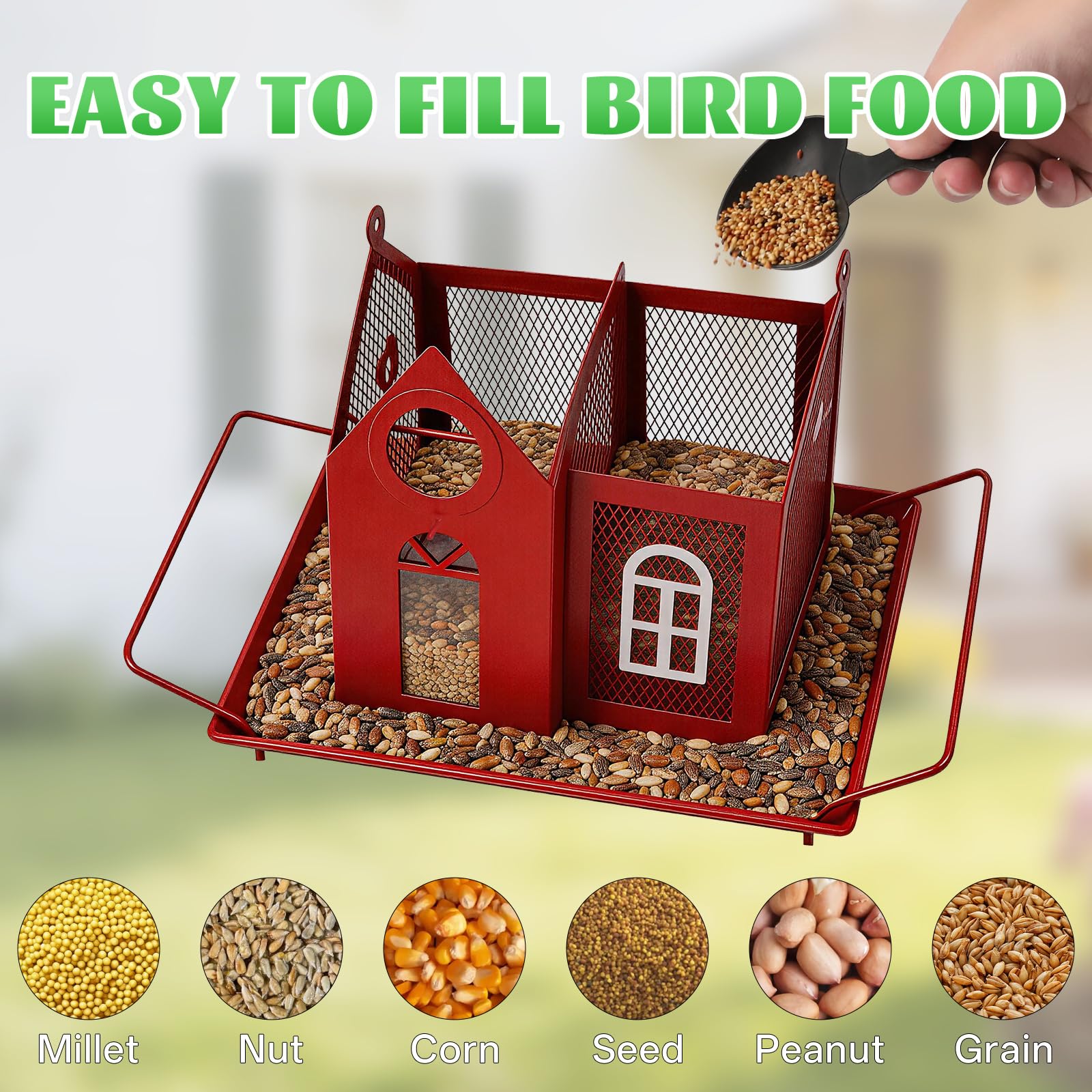 Comedero solar para pájaros para exteriores, comedero colgante de metal rojo con luz solar, comedero decorativo para cardenales, pinzones y pájaros silvestres, decoración de jardín y patio trasero