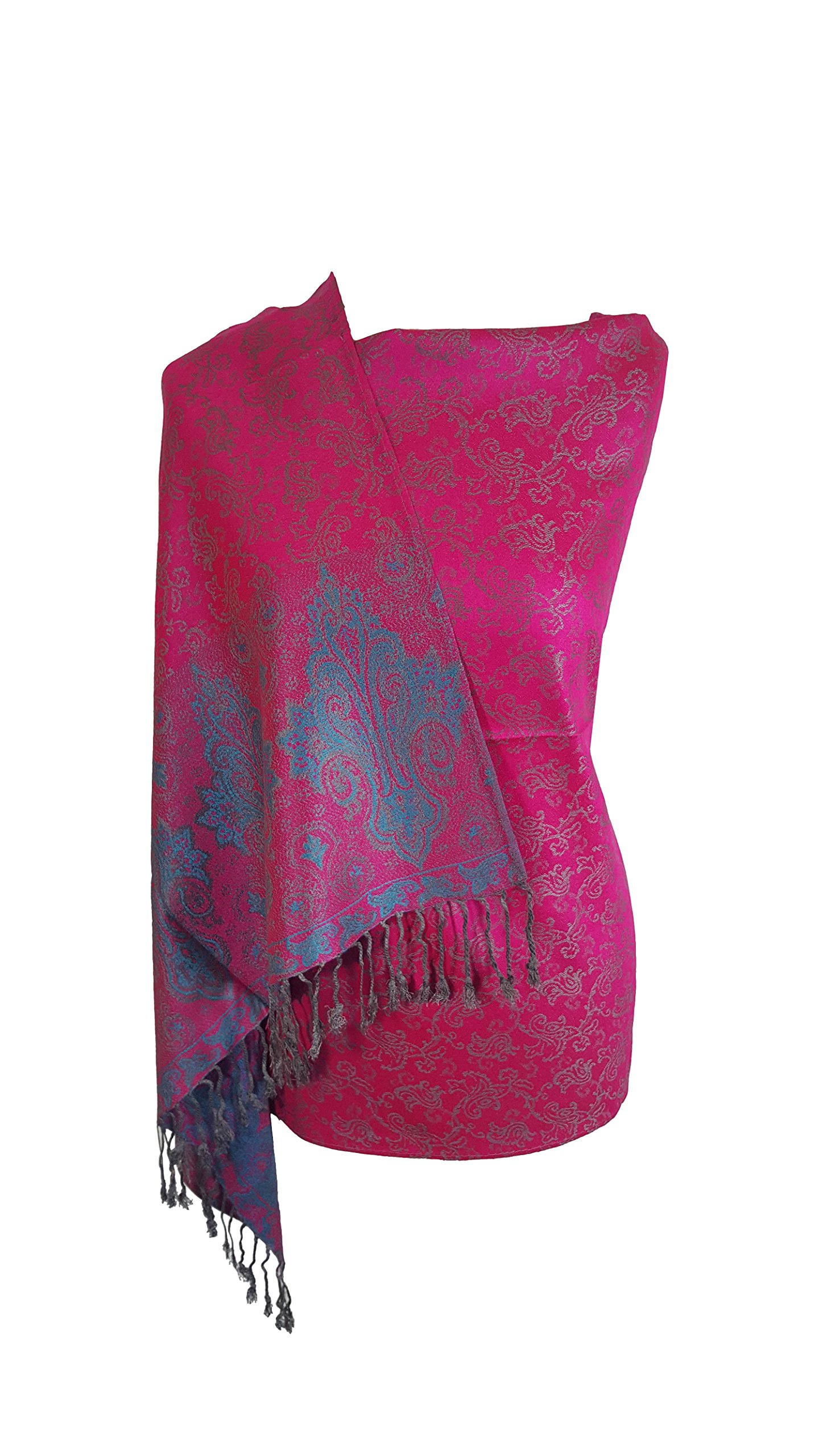 World Of Shawls Women's Hotpink/Turquoise_5234 Floral Paisley Bordered Pashmina Feel Shawl Scarf Wrap Stole Luxuriously Warm Soft And Silky Touch ()