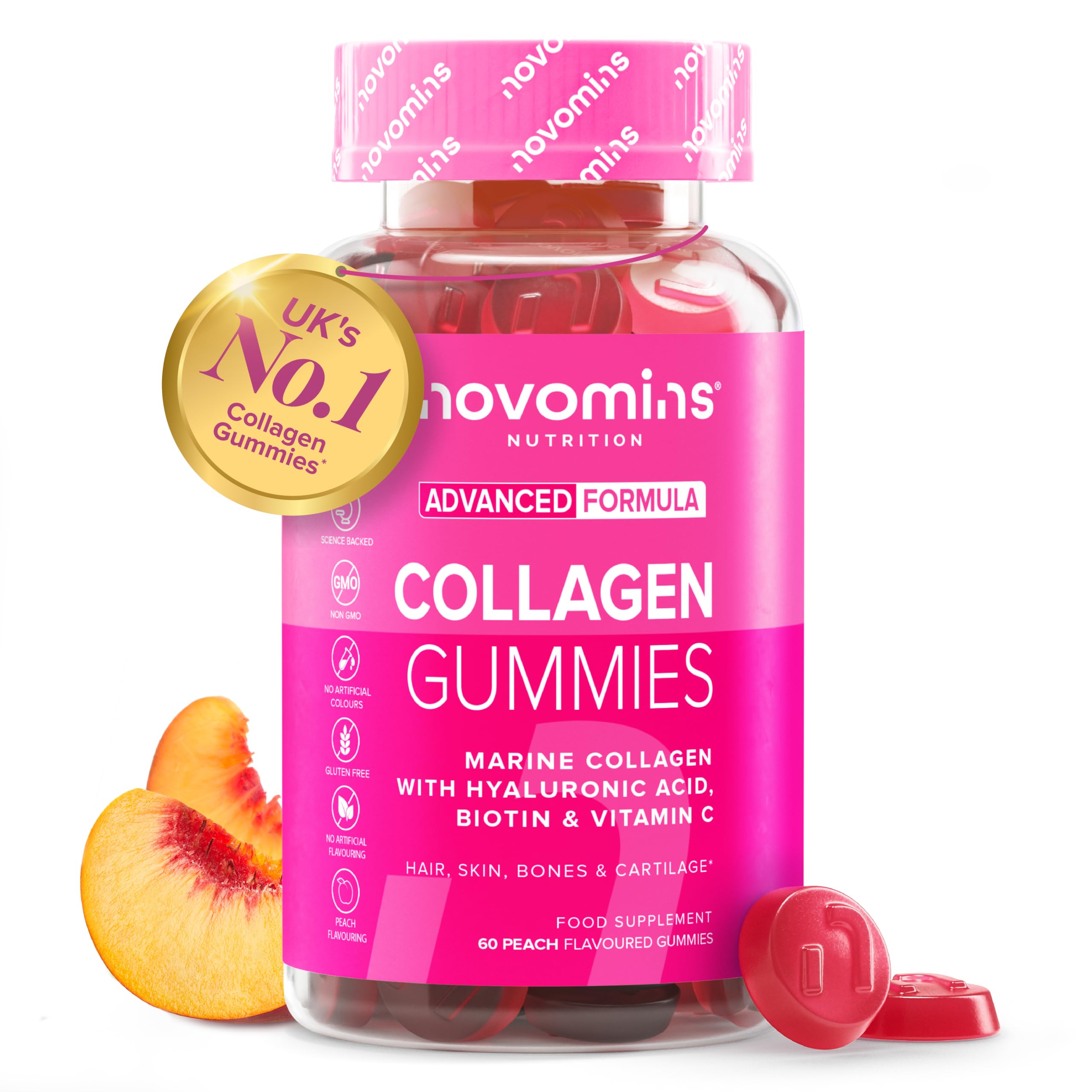 Collagen Gummies | Hyaluronic Acid, Vitamin C | 60 Gummies | Novomins | Collagen Peptides & Biotin | Collagen Supplements for Women & Men | Alternative to Collagen Powder | 500 mg Marine Collagen