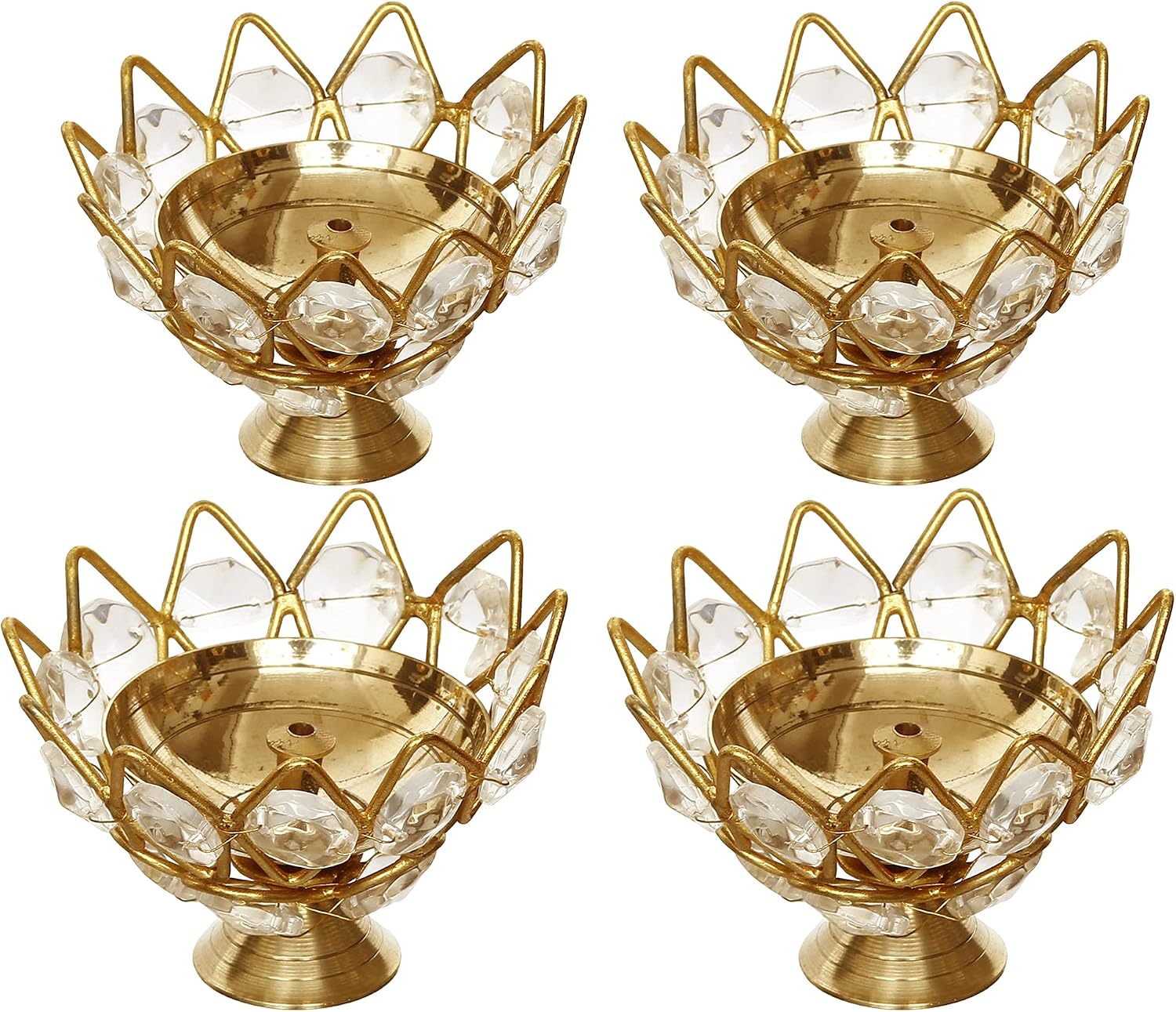 eCraftIndia Set of 4 Lotus Shape Crystal Tea Light Holder, White and Gold, One Size (CRYS125_SO4)