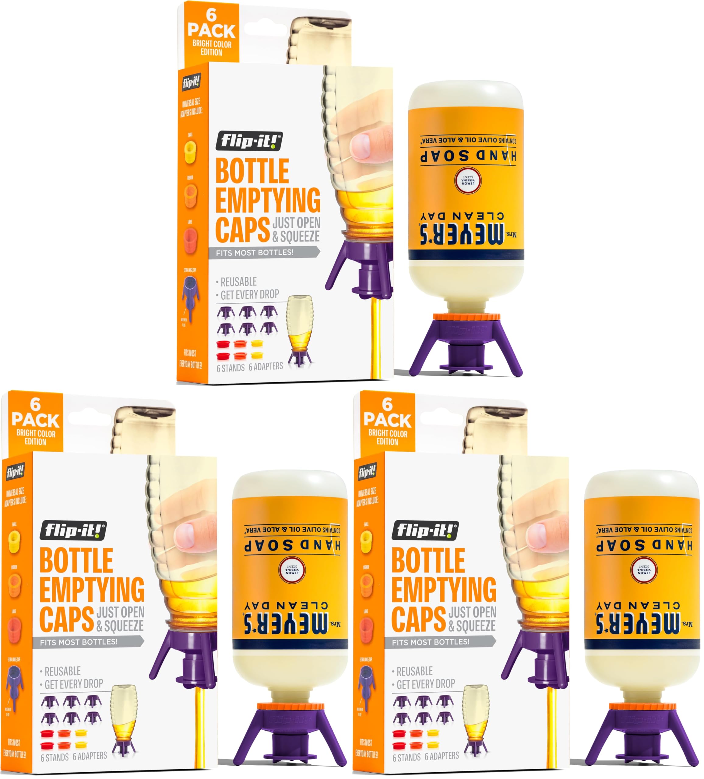 Flip-It! Bottle Emptying Kit – 6 Bottle Pack - No more wasted product - Fits most plastic bottles – 6 Base Caps, 6 Adapters – Bright Color Edition (Pack of 3)