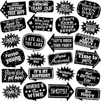 Outus 24 Pcs Photo Booth Props with Stick Happy Birthday, Silver