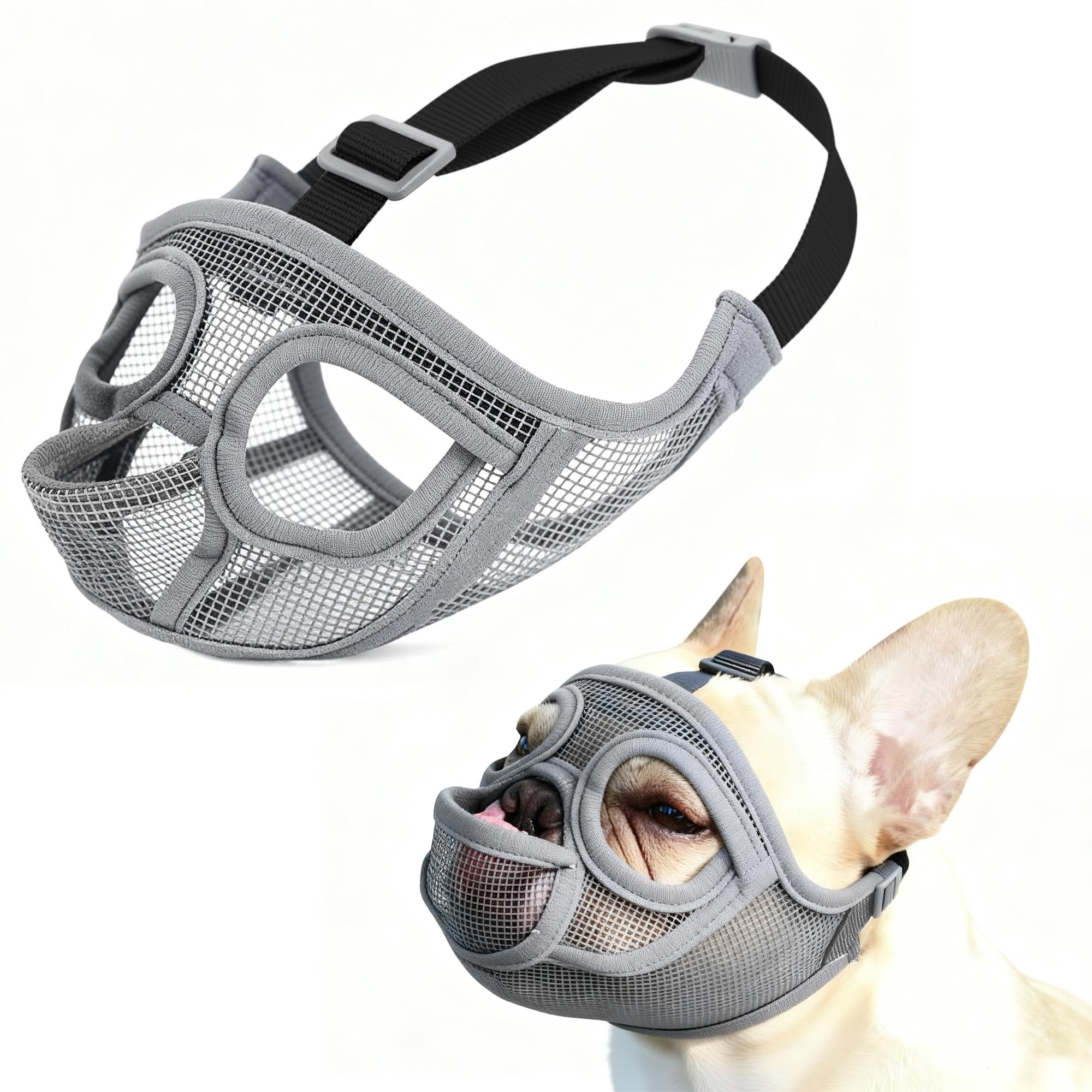 JOYPAWS Short Snout Dog Muzzle, French Bulldog Muzzle with Tongue Out Design Adjustable Anti Bitting Chewing Barking for Small Breeds Pug/Shih Tzu/Boston Terrier Grey S — image 1
