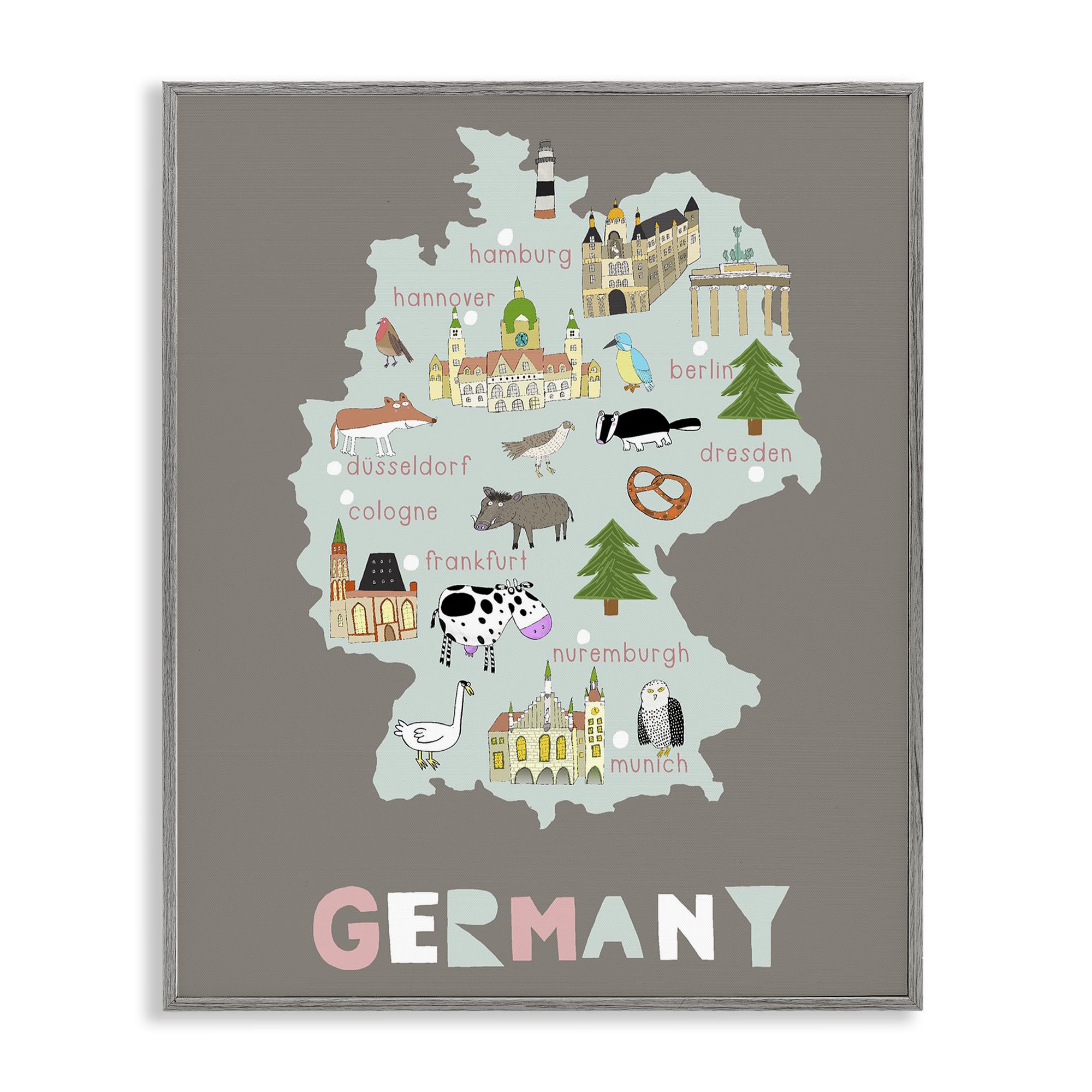 Carte de l'Allemagne pour enfant Stupell Industries gris cadre 50x40 cm
