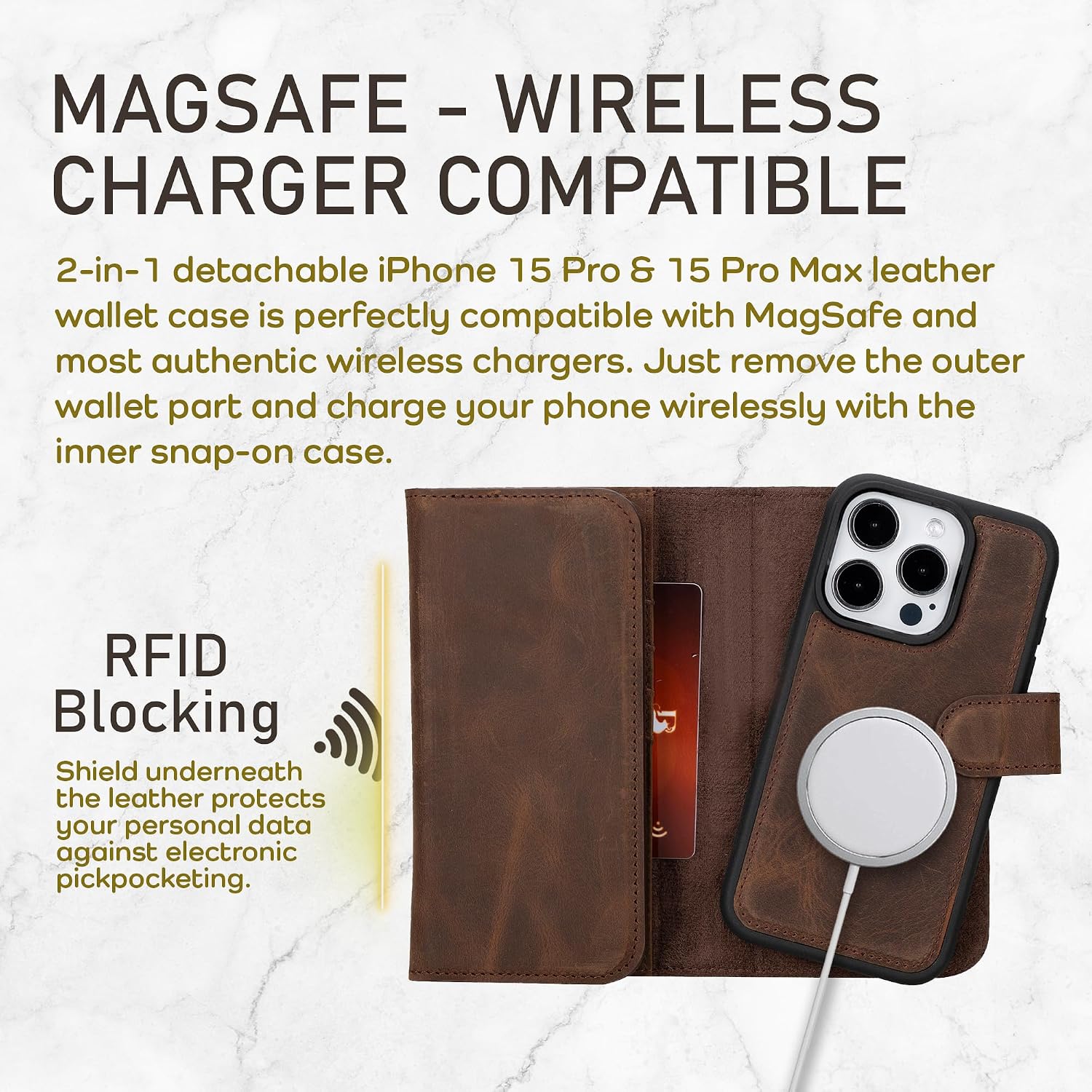 Bayelon Wallet Case for iPhone 15 Pro, Trifold Leather Wallet, Detachable Magnetic Flip Folio Cover, Card Holder, iPhone 15 Pro Case for Men and Women, MagSafe Compatible, RFID Blocking (Dark Brown)