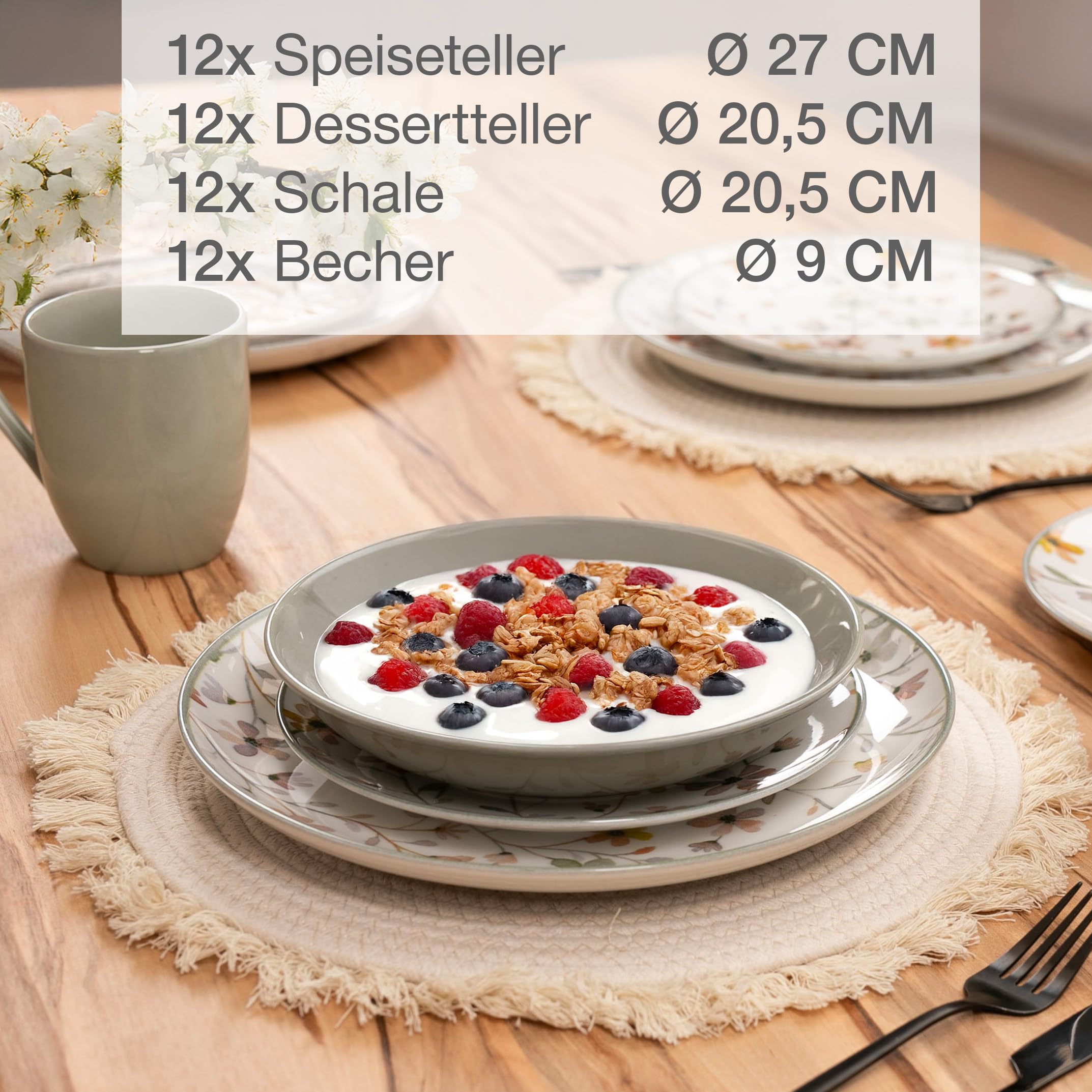 Moritz & Moritz PRIMAVERA Steingut Geschirrset 12 Personen 48-tlg. - Modernes Tafelservice mit verspieltem Design, Pflegeleichtes Kaffeeservice mit Teller Set, Schüsseln & Tassen - Kombiservice