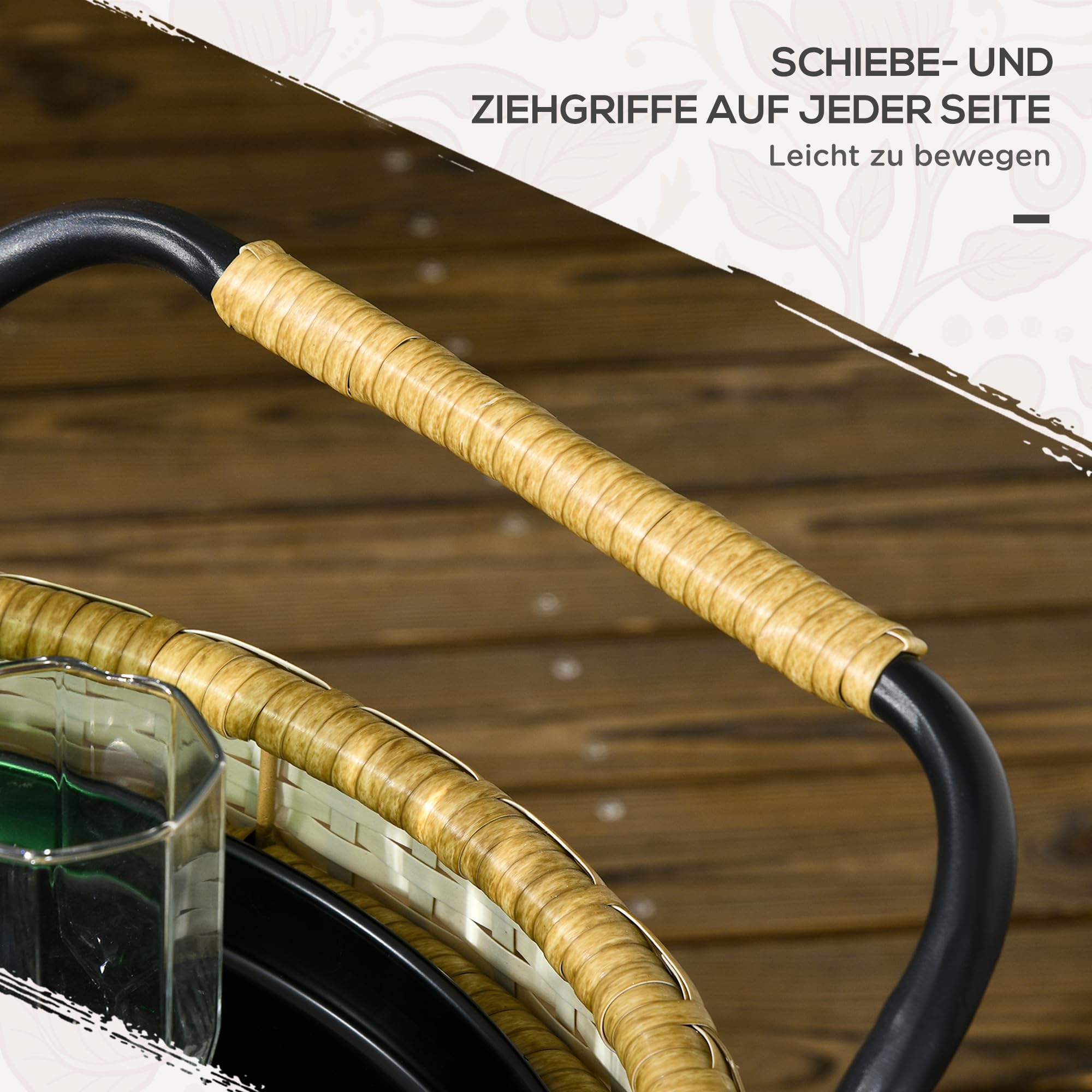 Outsunny Servierwagen Rattan Trolley mit 2 Regalen, Runde Küchenwagen, Gartenrollwagen mit Griffen, Outdoor Barwagen für Balkon, Stahlrahmen, Φ50 x 66 cm, Natur