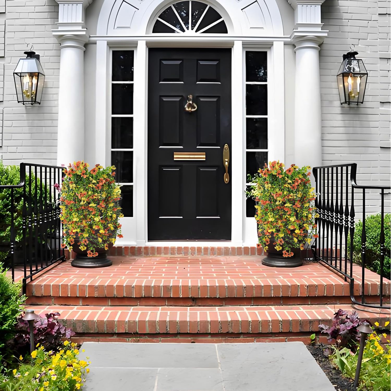 Artificial Hanging Flowers for Outdoor,4 Pcs Fake Hanging Plants Decoration,UV Resistant Faux Silk Flower with Eucalyptus Leaves for Outside Planter Yard Porch Patio Balcony (Orange+Yellow) - Image 5