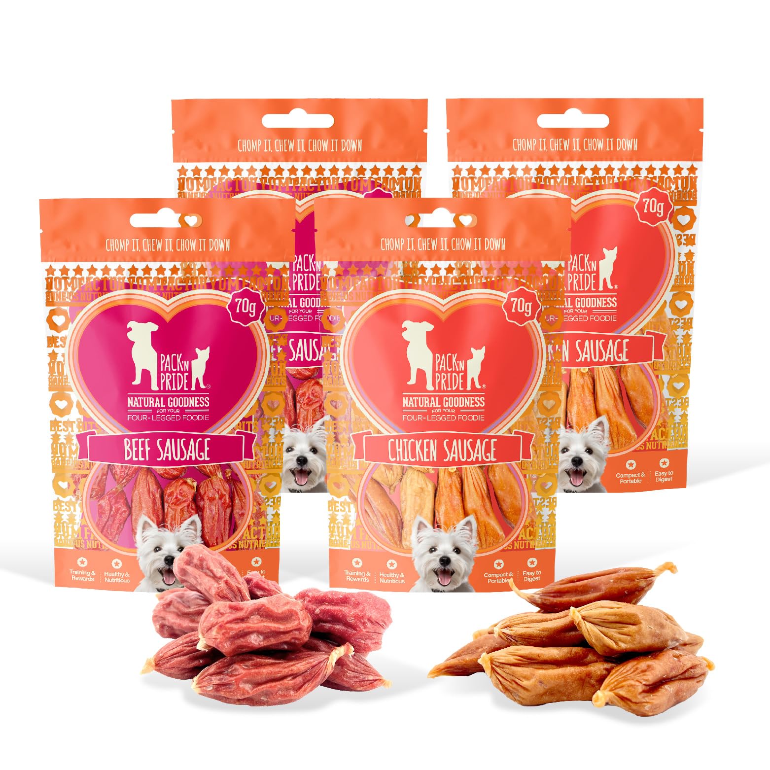 PACK'N PRIDE Dog Treats Beef&Chicken Sausage, 4 x 70g Packs (280g Total) - 2 Unique Flavors, High-Protein Dog Chews Gift Set
