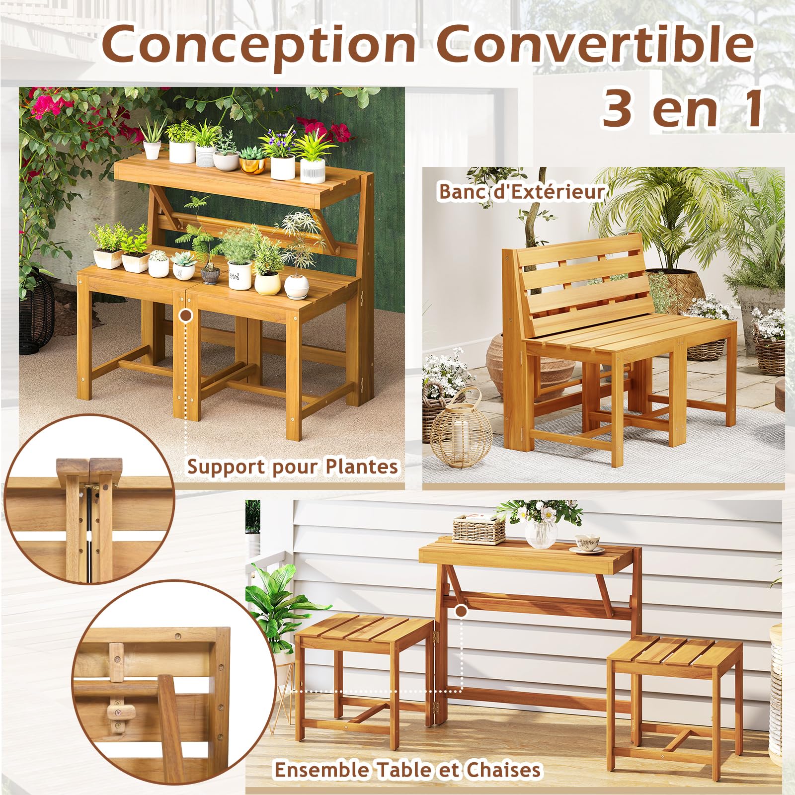 GOPLUS Salon de Jardin Extérieur 3 en 1 Banc Convertible Acacia Pliant 2 Personnes FSC Naturel