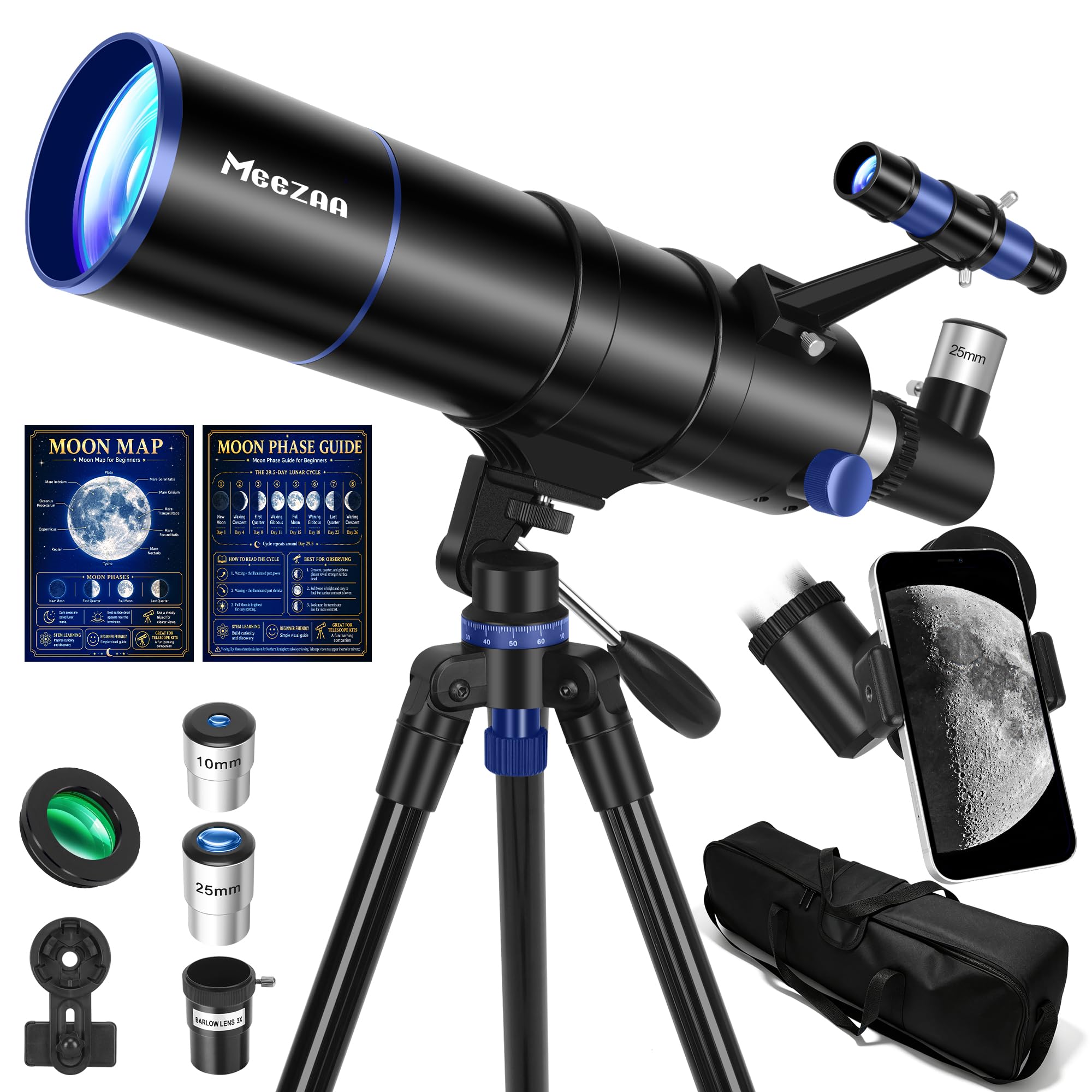MEEZAA Télescope Astronomique pour Adultes, Enfants et Débutants, 90 mm Ouverture 600 mm Réfracteur Télescopes avec Trépied, Adaptateur Smartphone, Filtre Lunaire, Sac de Transport et Guide Lunaire