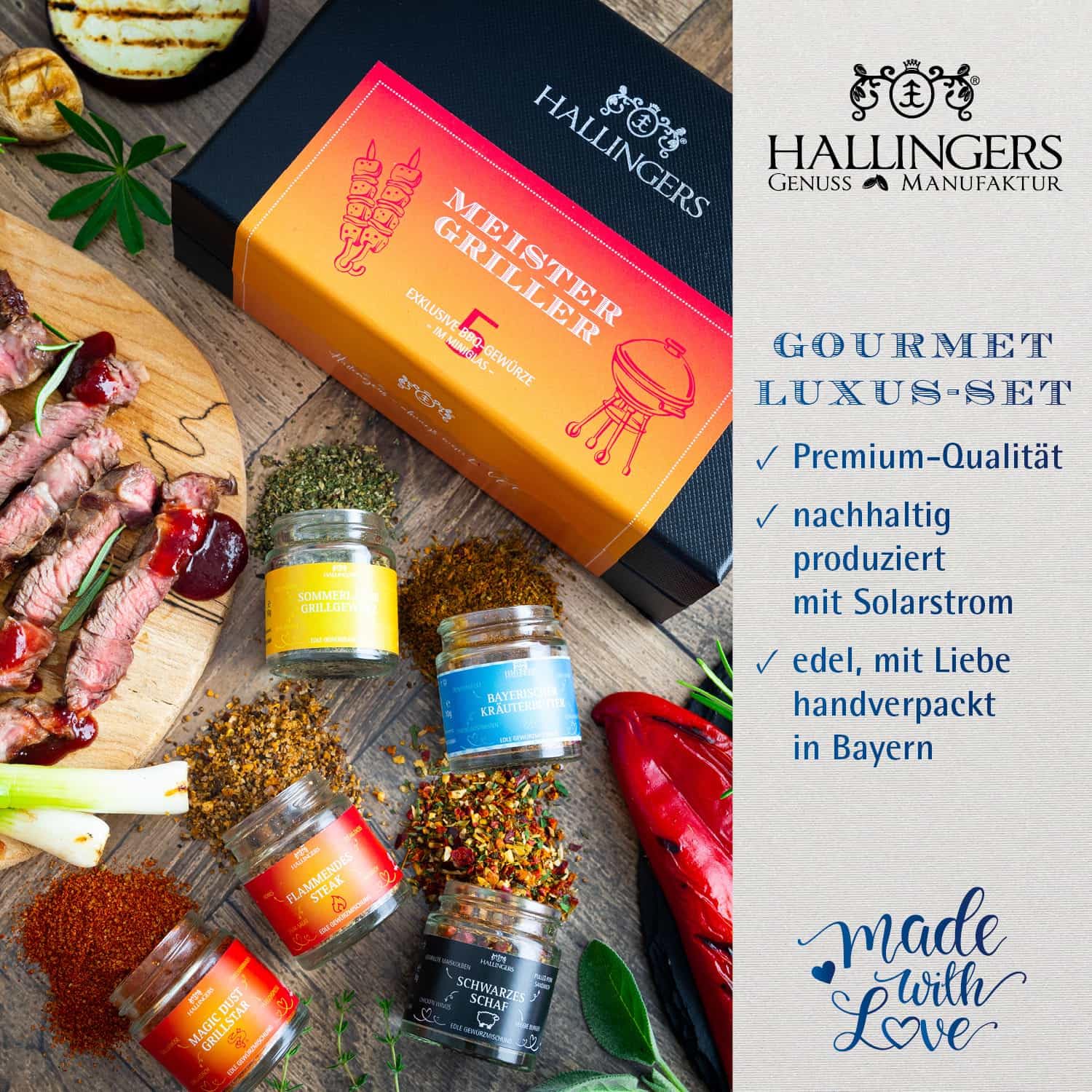Hallingers Genuss Manufaktur Feinkost Weihnachts-Geschenk-Set - XXL-Geschenkkorb "Best of Christmas" großes Mitbringsel Schokolade, Tee, 9er Pralinen & Meistergriller-Gewürz, Weihnachten für Frauen