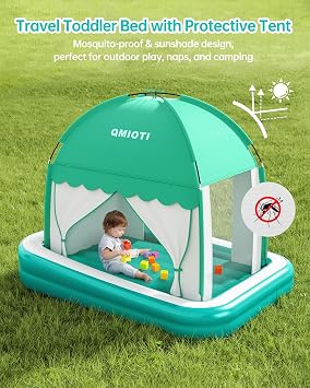 Inflatable Toddler Travel Bed with Tent, Portable Kids Air Mattress | Blow Up Portable Travel Toddler Bed with Safety Bumpers for Home, Traveling, Camping, with Fast Pump Inflation