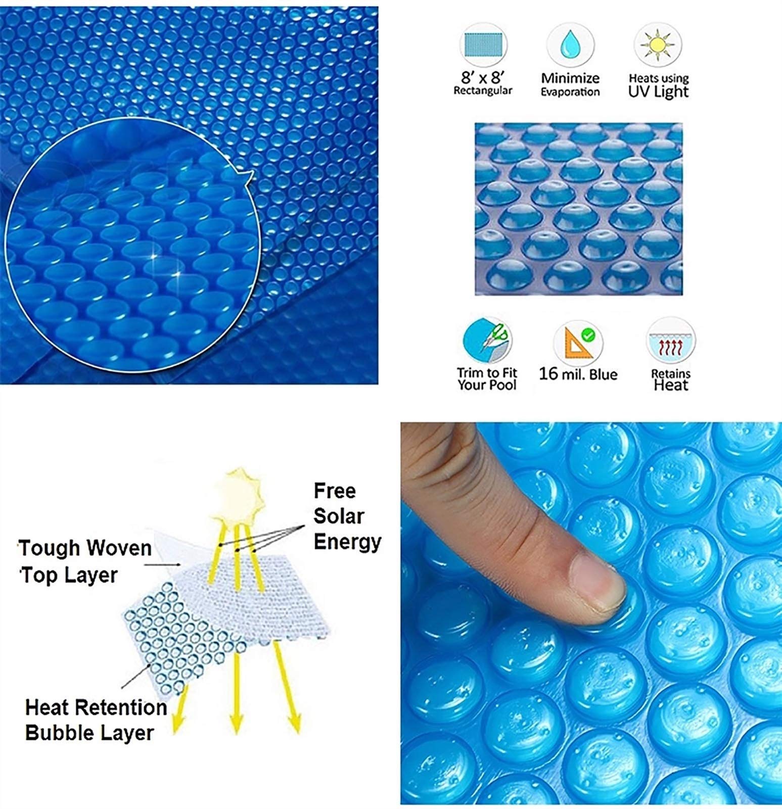 Cubierta rectangular resistente con ojales para piscinas sobre el suelo, jacuzzi, piscinas inflables, manta solar de burbujas de verano (1,5 x 2,5 m)