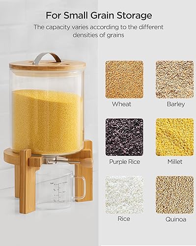 Miniatura 6 de HBlife Dispensador de arroz de vidrio de 8 a 10 libras con soporte de madera, contenedor de harina y cereales con taza medidora de vidrio,